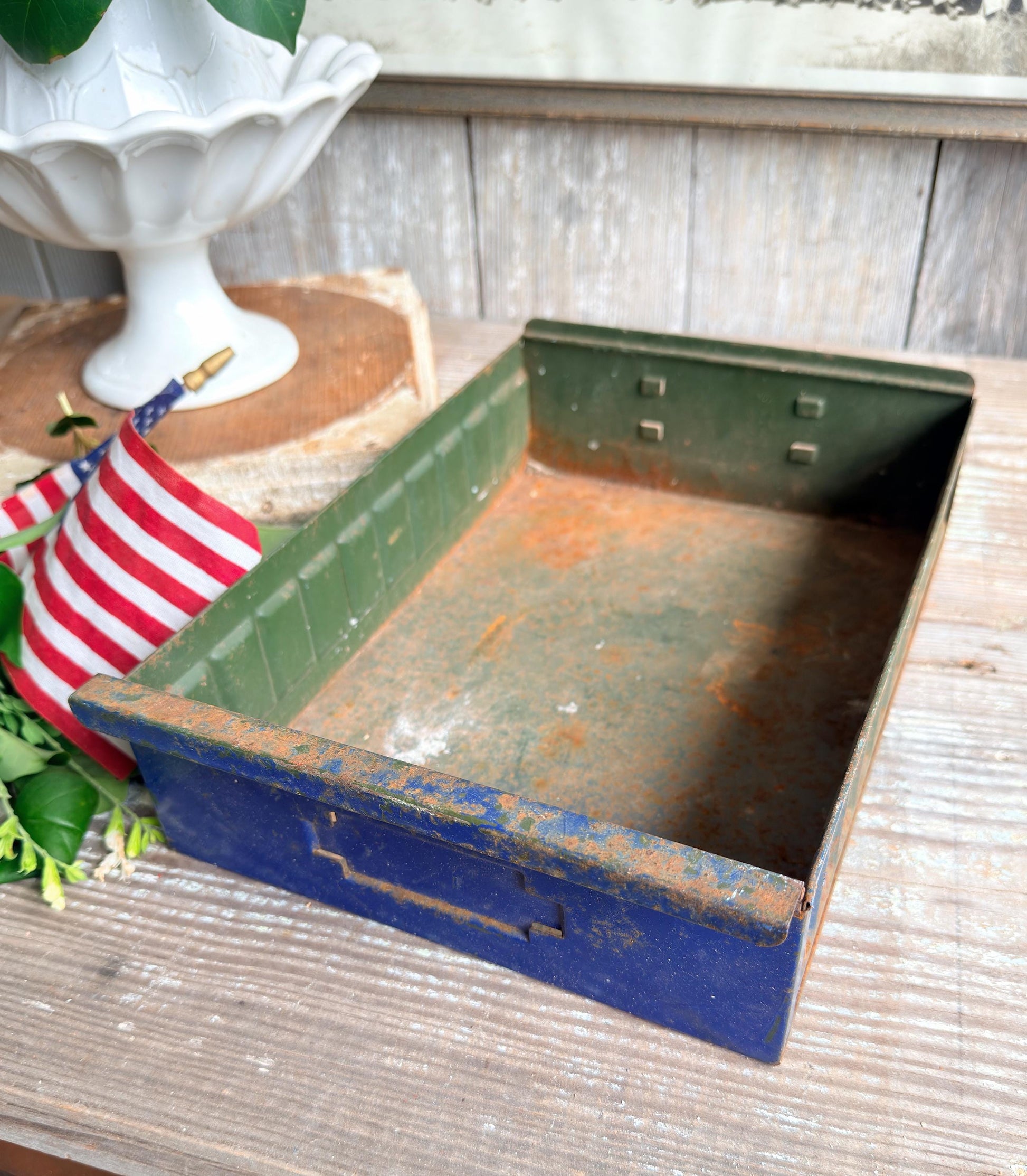 Vintage Blue Metal Drawer Bin – Industrial Storage Tray, Rustic Farmhouse Organizer, Primitive Metal Box
