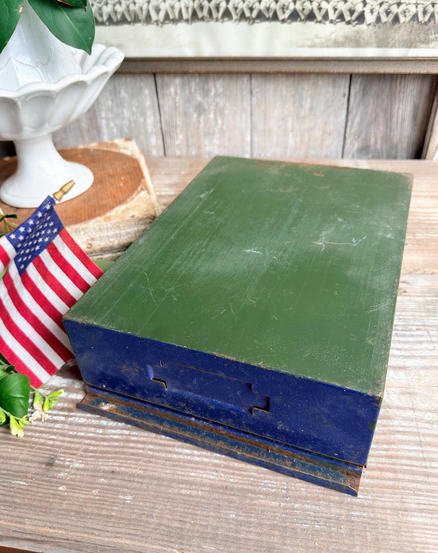 Vintage Blue Metal Drawer Bin – Industrial Storage Tray, Rustic Farmhouse Organizer, Primitive Metal Box