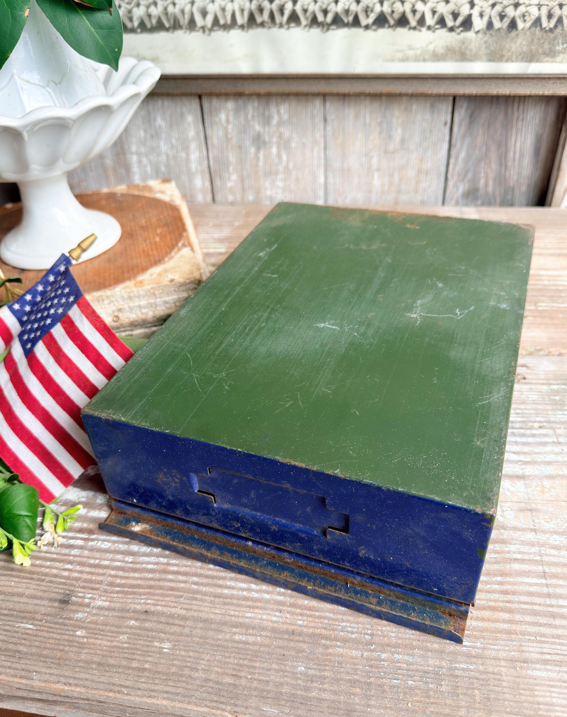 Vintage Blue Metal Drawer Bin – Industrial Storage Tray, Rustic Farmhouse Organizer, Primitive Metal Box