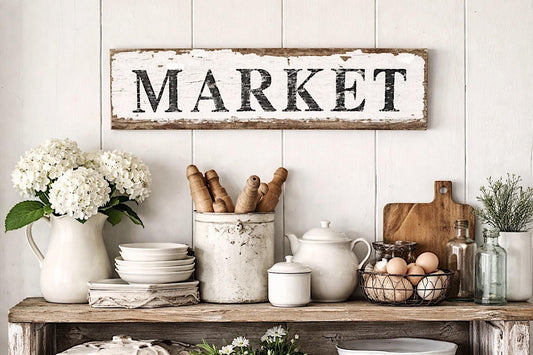 MARKET Sign Handmade Salvaged Wood Farmhouse Decor Chippy White Paint Primitive Architectural Painted Rustic