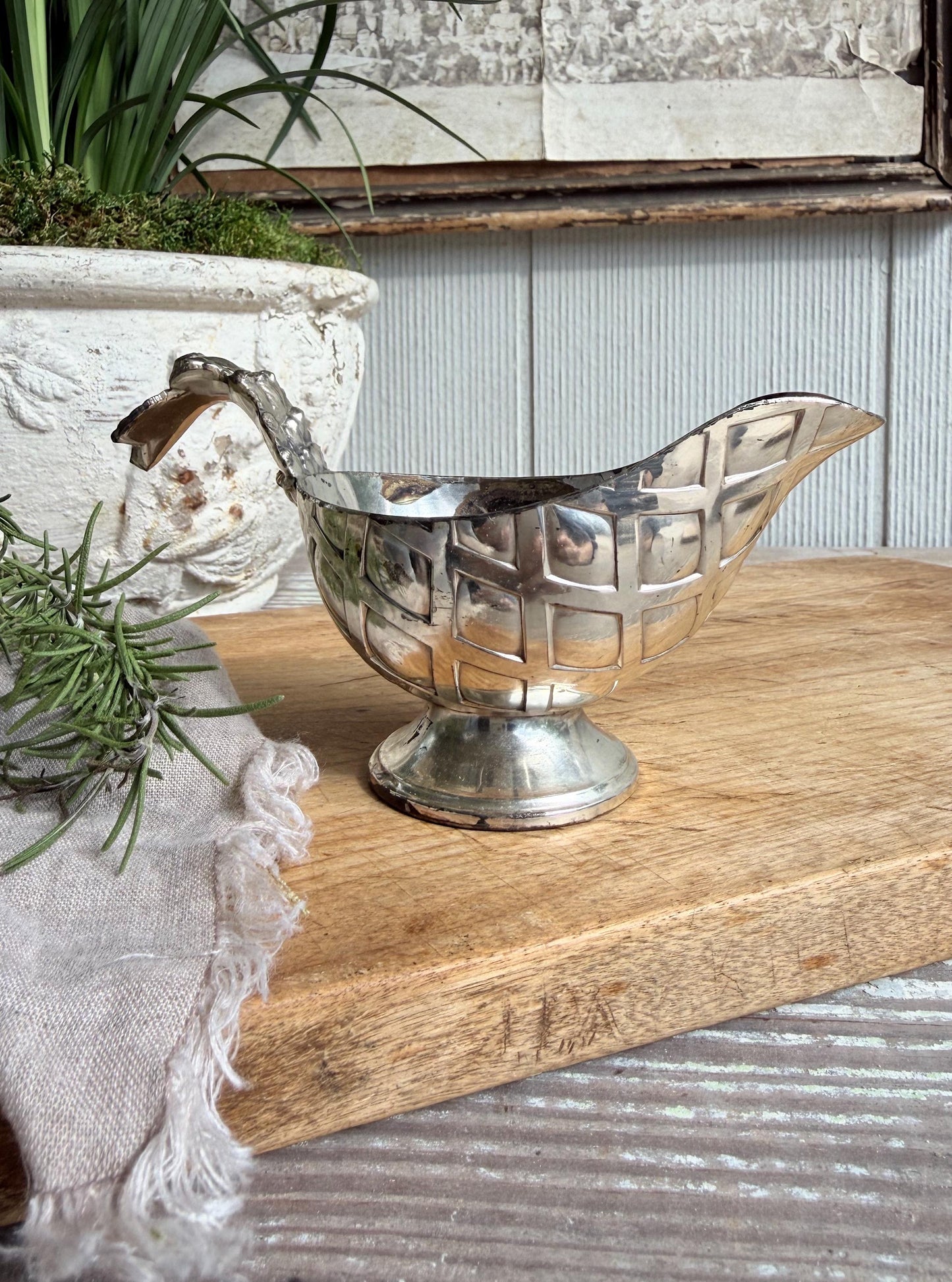 Vintage Silver Plate Creamer Pitcher – Grape Handle Sauce Server, Farmhouse Table Decor
