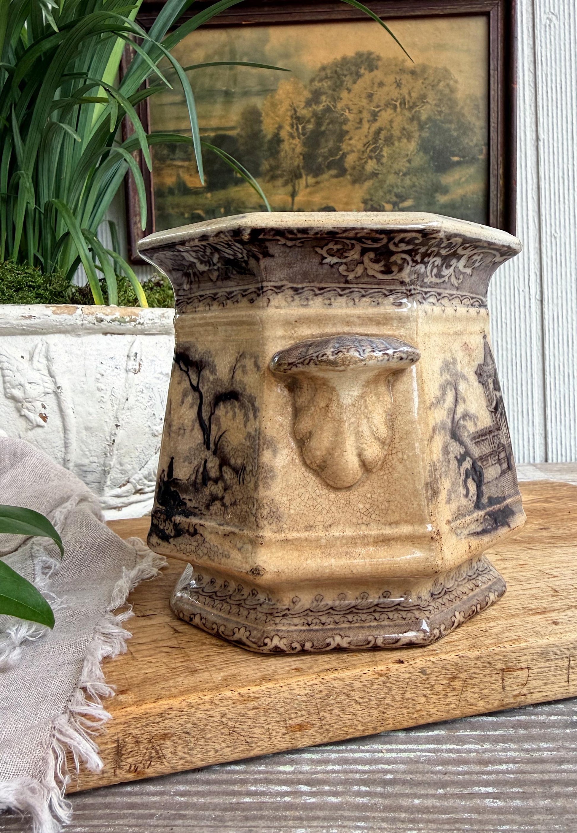 Antique Ironstone Transferware Biscuit Jar, Brown Black Aesthetic Pottery, English Sugar Bowl, J Clemenston Farmhouse Decor