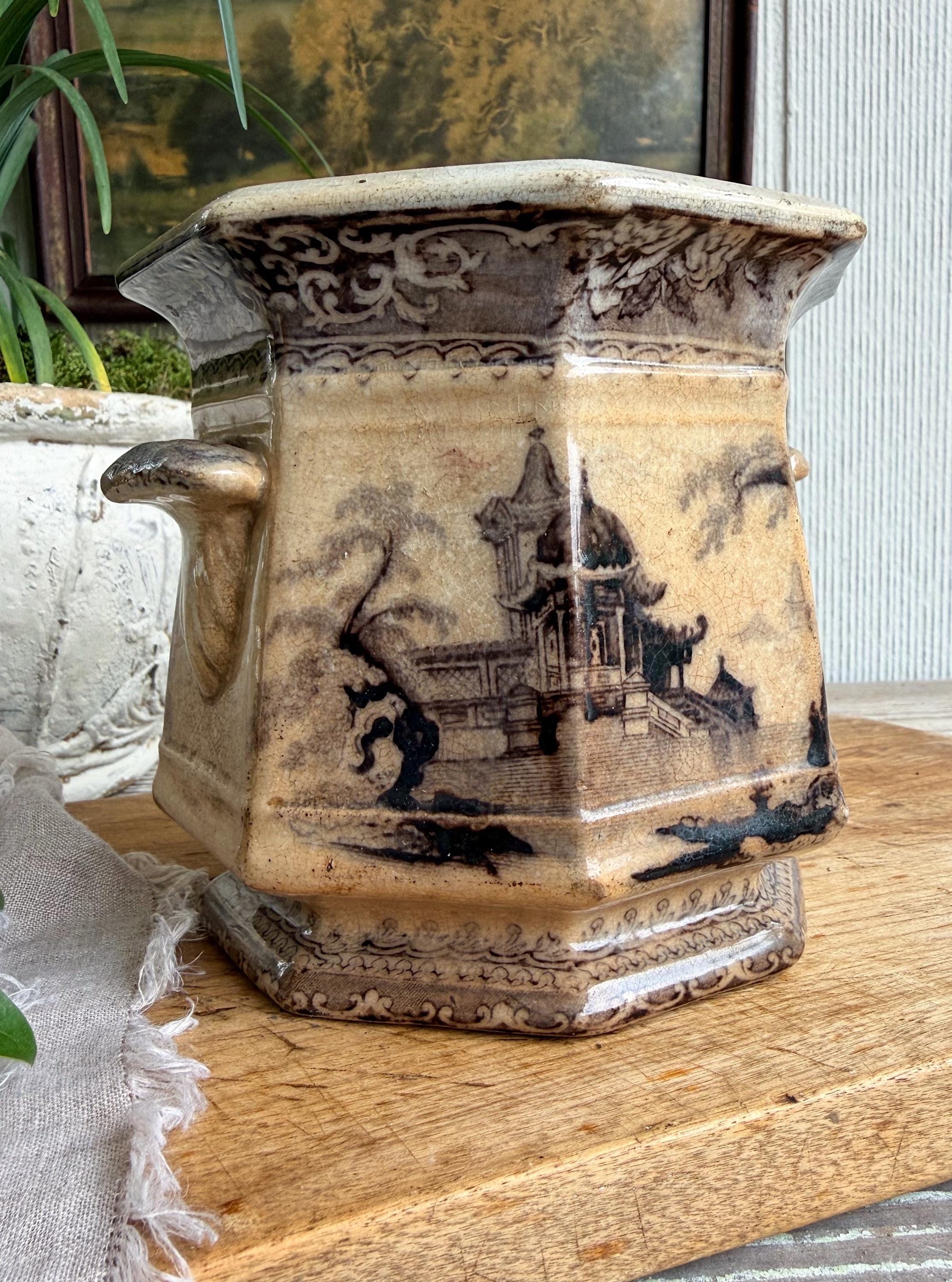Antique Ironstone Transferware Biscuit Jar, Brown Black Aesthetic Pottery, English Sugar Bowl, J Clemenston Farmhouse Decor