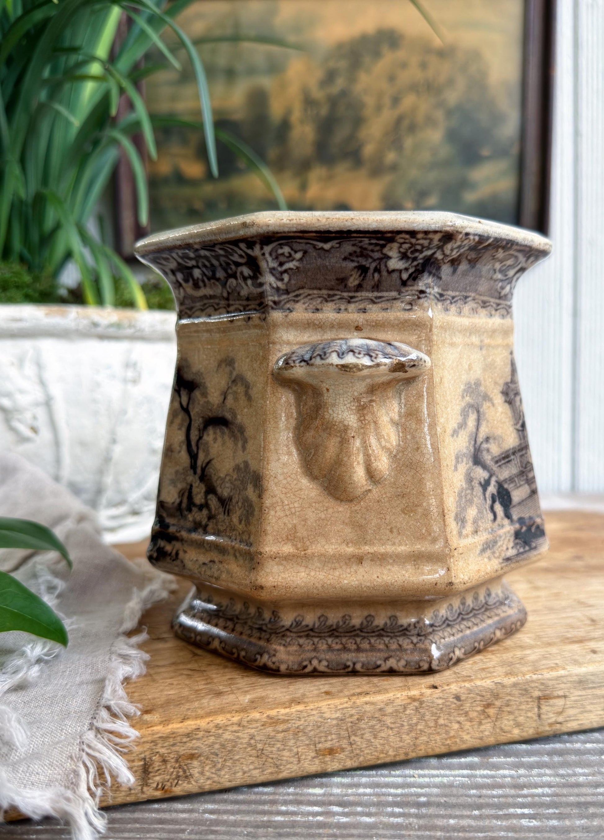 Antique Ironstone Transferware Biscuit Jar, Brown Black Aesthetic Pottery, English Sugar Bowl, J Clemenston Farmhouse Decor