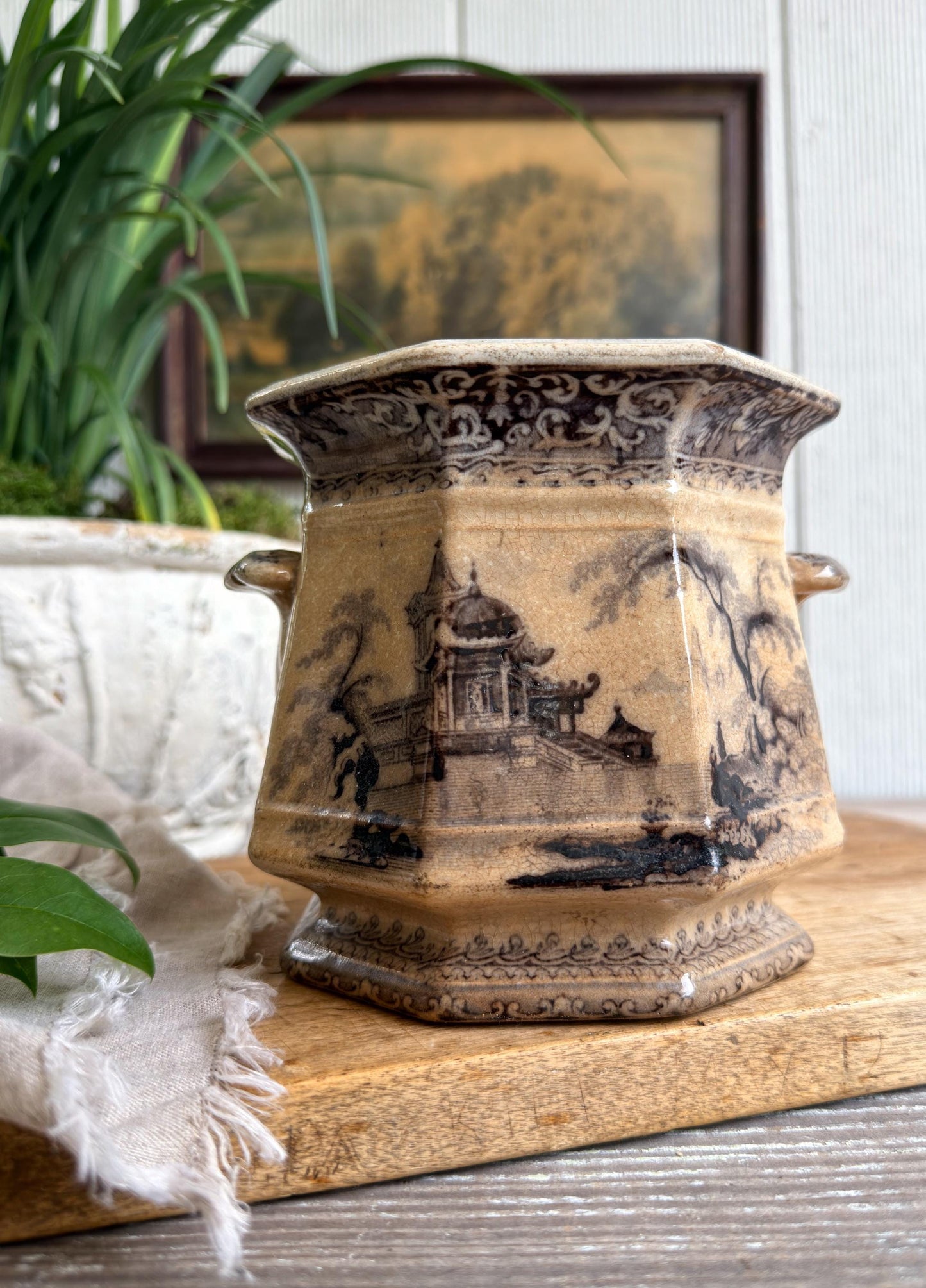 Antique Ironstone Transferware Biscuit Jar, Brown Black Aesthetic Pottery, English Sugar Bowl, J Clemenston Farmhouse Decor