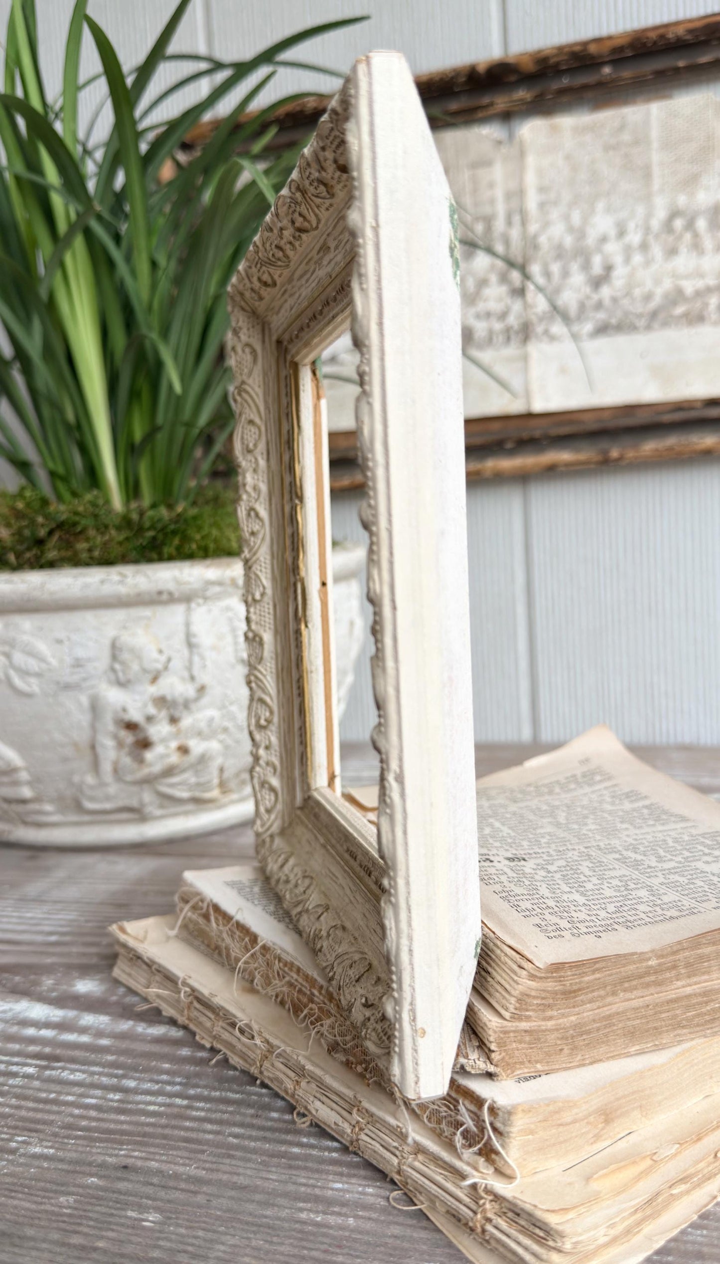 Vintage Wood Picture Frame, Carved Chippy White, Farmhouse Cottage Decor, Tabletop Display