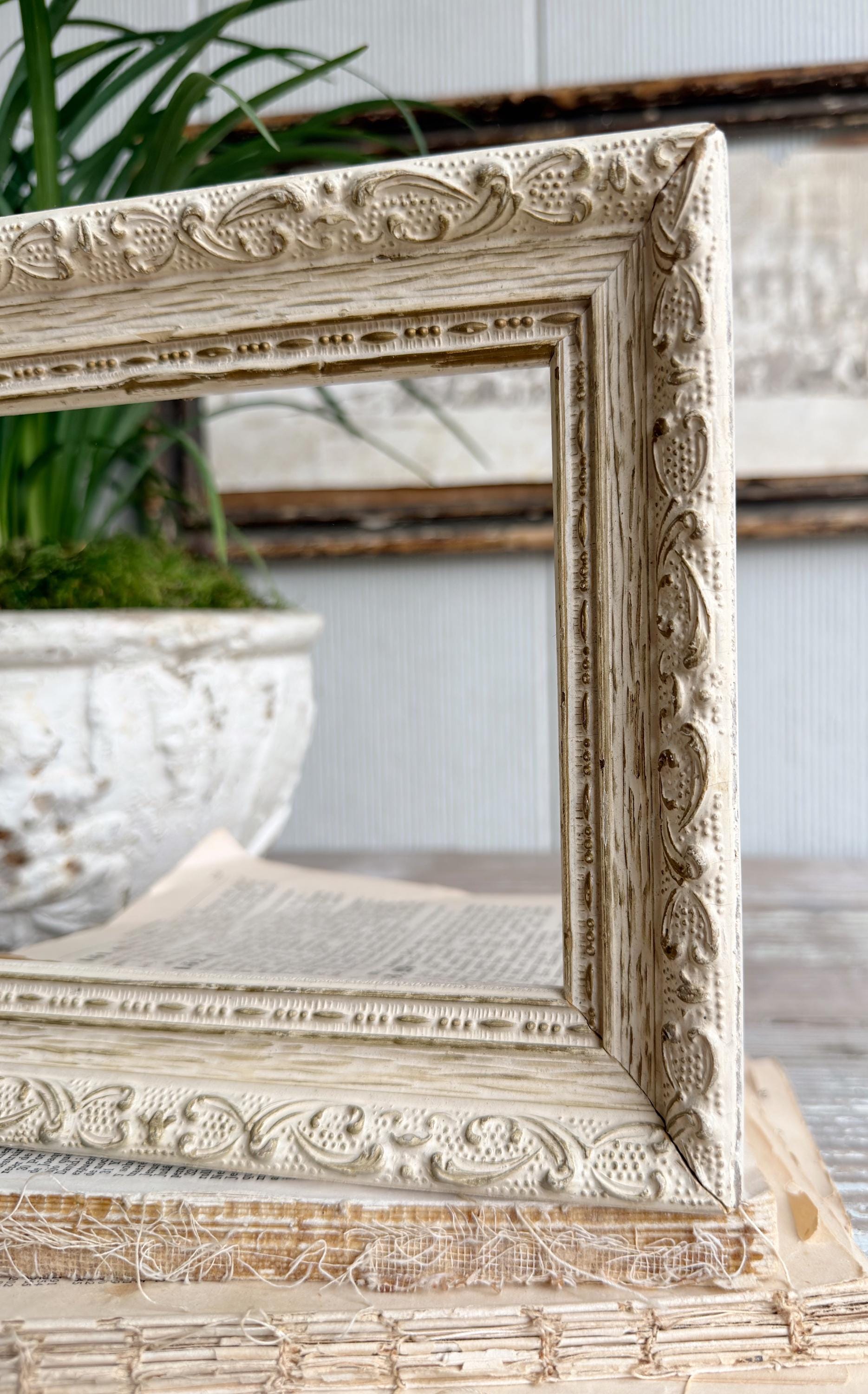Vintage Wood Picture Frame, Carved Chippy White, Farmhouse Cottage Decor, Tabletop Display