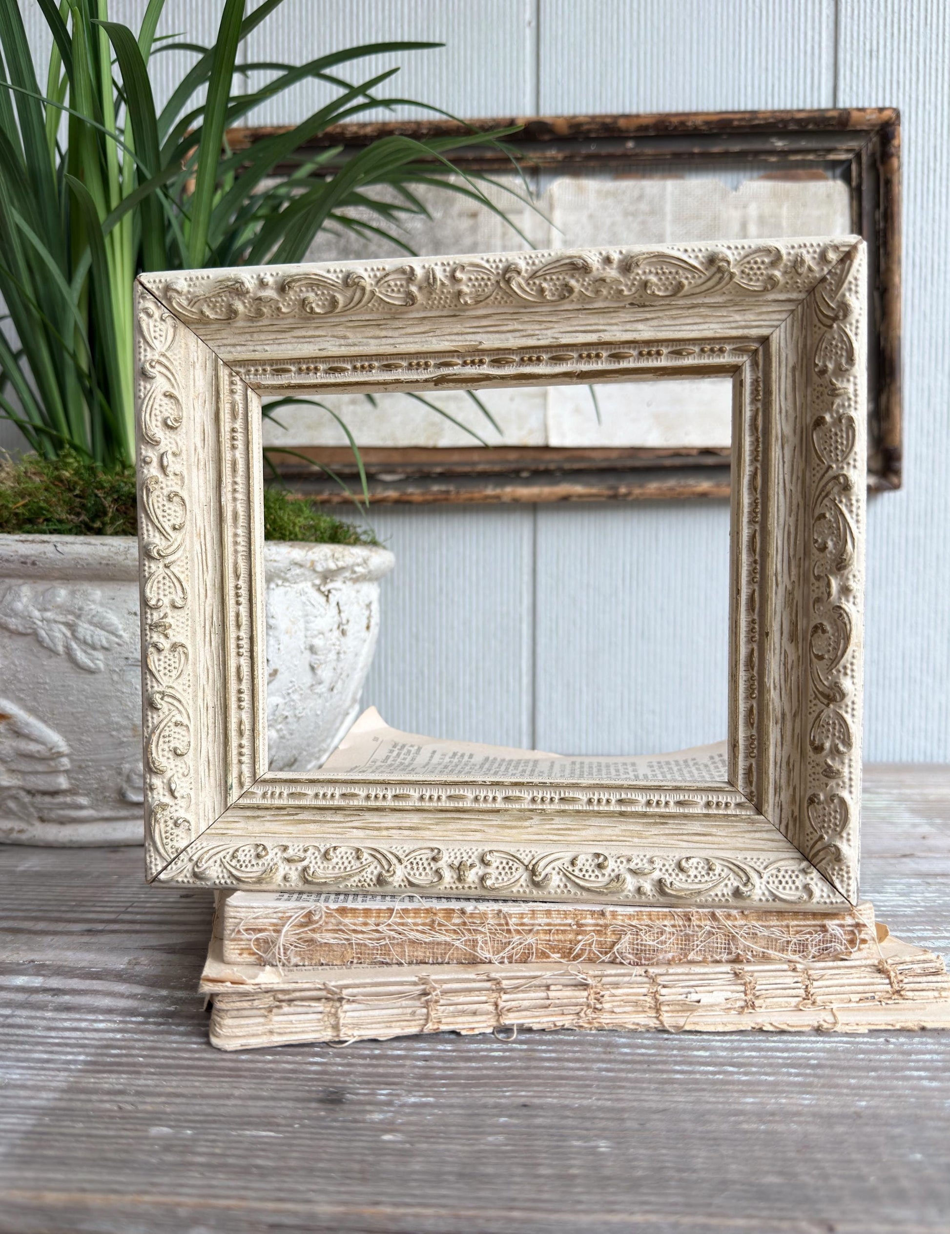 Vintage Wood Picture Frame, Carved Chippy White, Farmhouse Cottage Decor, Tabletop Display