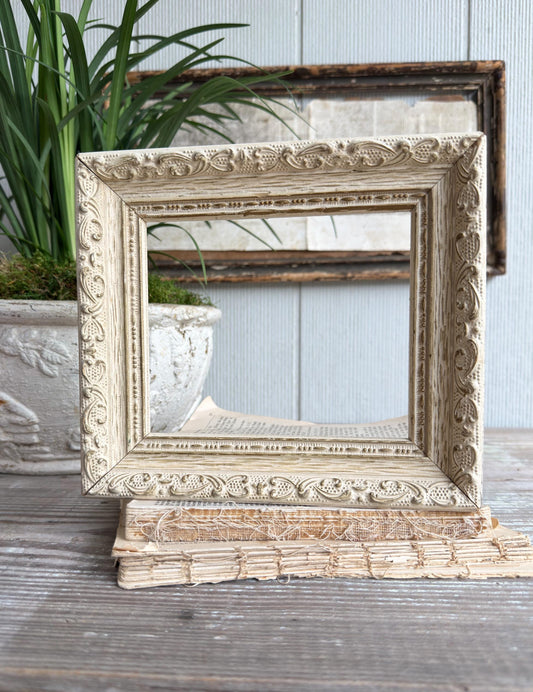 Vintage Wood Picture Frame, Carved Chippy White, Farmhouse Cottage Decor, Tabletop Display