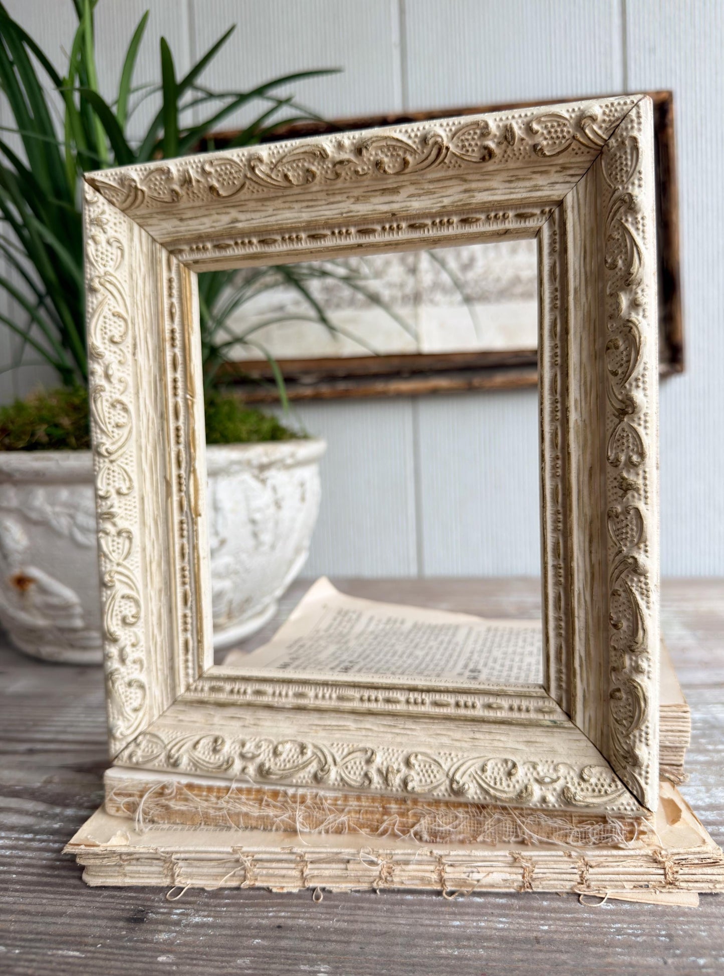Vintage Wood Picture Frame, Carved Chippy White, Farmhouse Cottage Decor, Tabletop Display