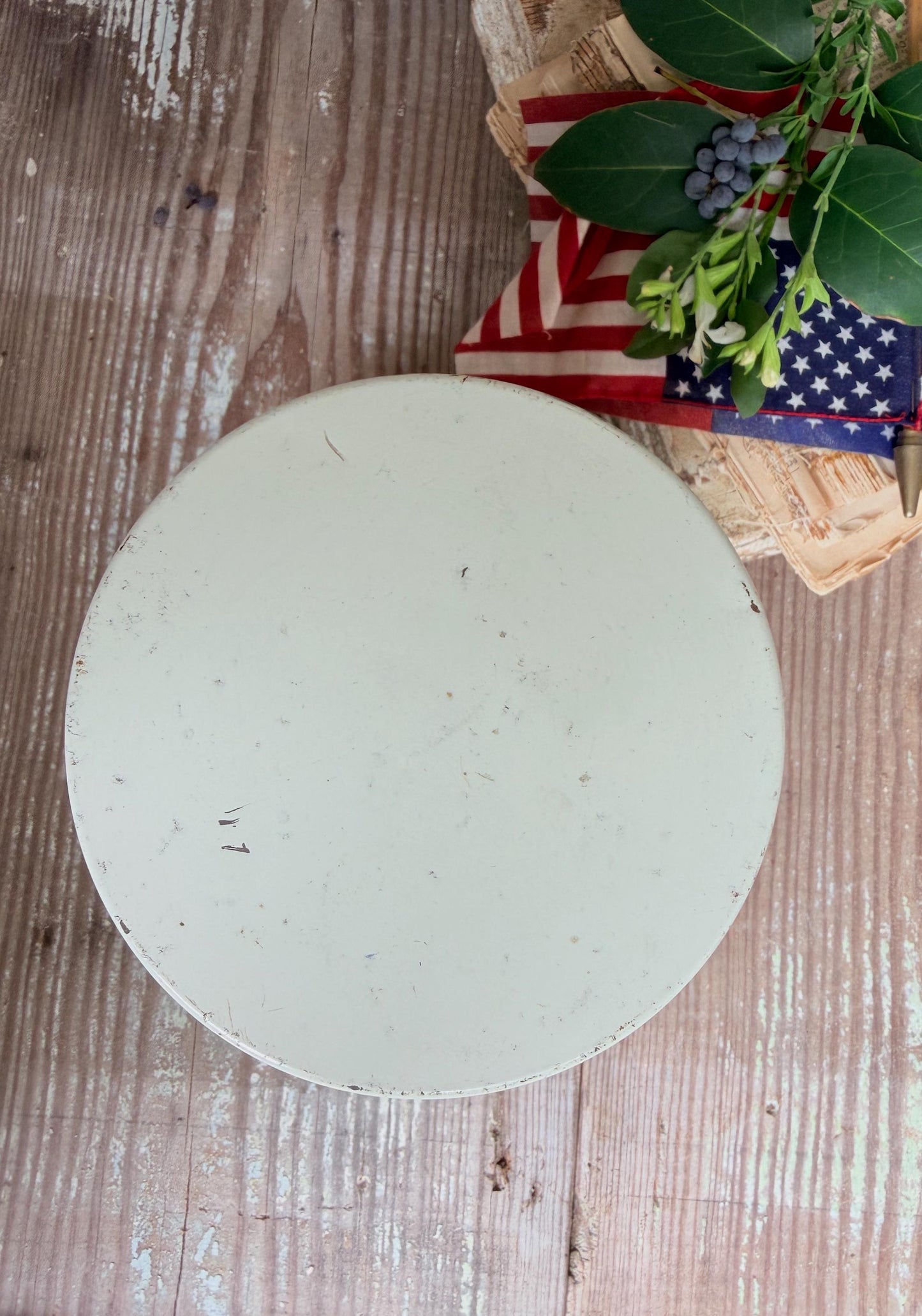 Vintage CRACKER JACK Tin Can Red White Blue Farmhouse Decor Industrial Salvage AMERICANA Decor 6 oz