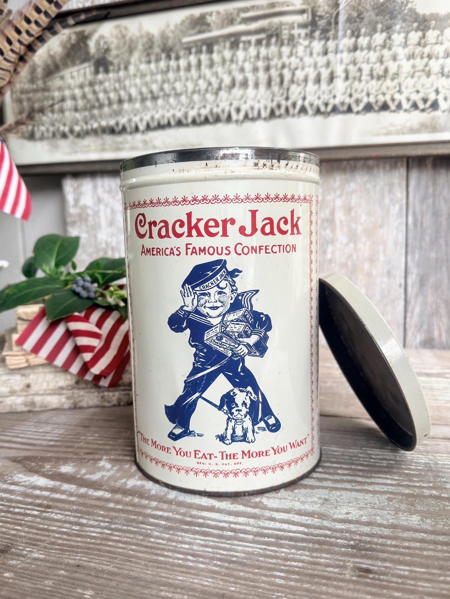 Vintage CRACKER JACK Tin Can Red White Blue Farmhouse Decor Industrial Salvage AMERICANA Decor 6 oz