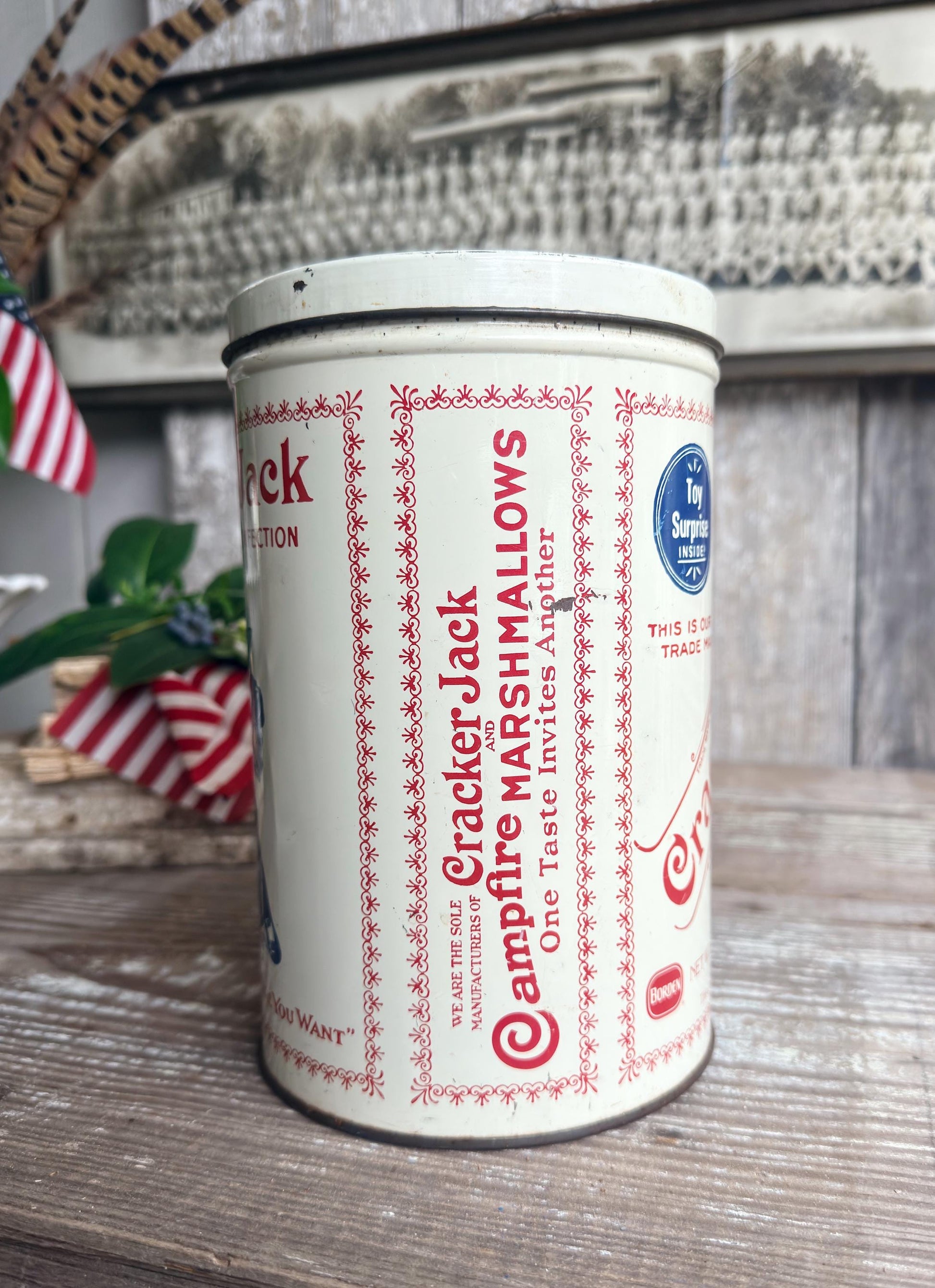 Vintage CRACKER JACK Tin Can Red White Blue Farmhouse Decor Industrial Salvage AMERICANA Decor 6 oz