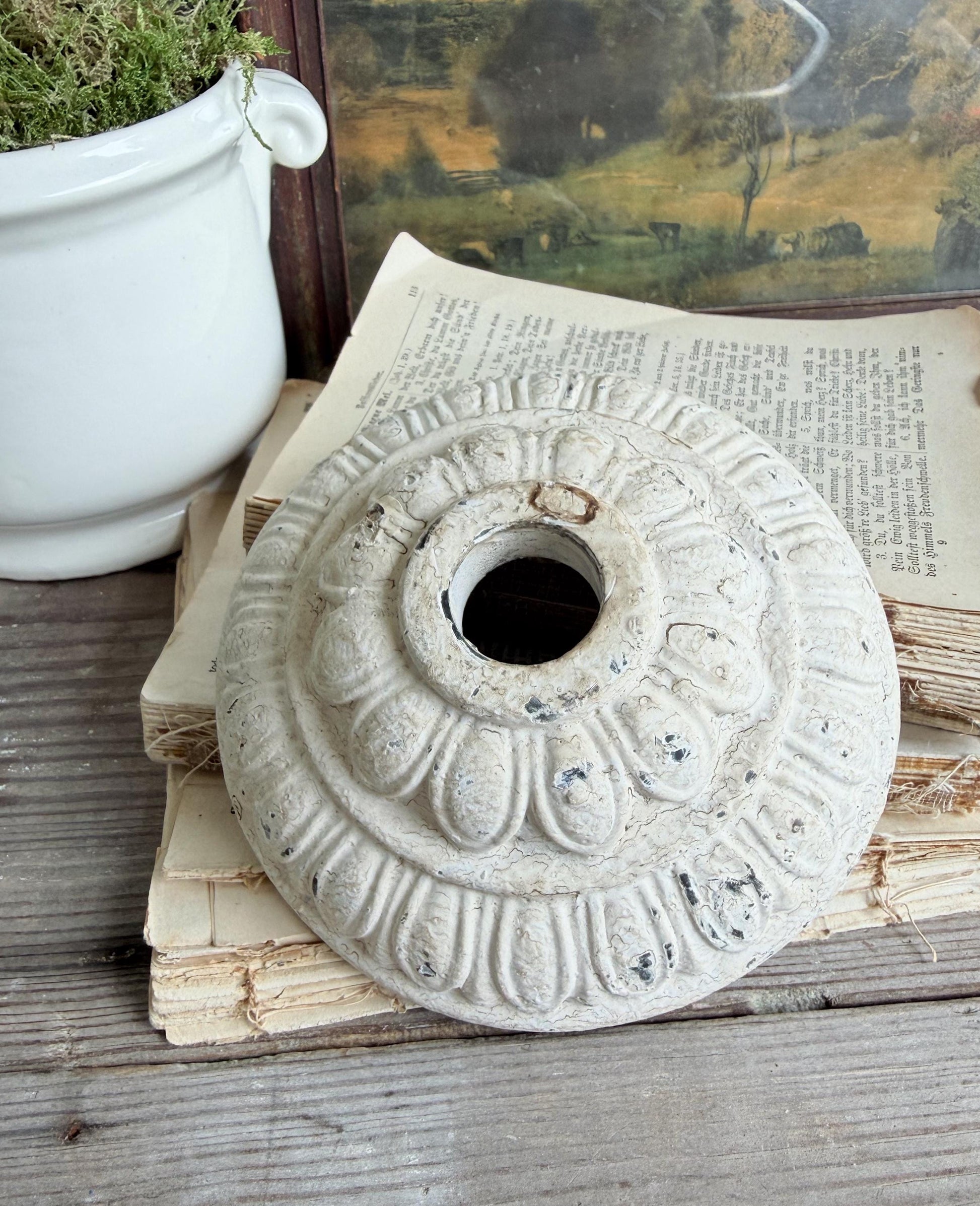 Light Fixture Part, Antique Cast Iron, Chippy White Architectural Salvage, Farmhouse Lighting Piece
