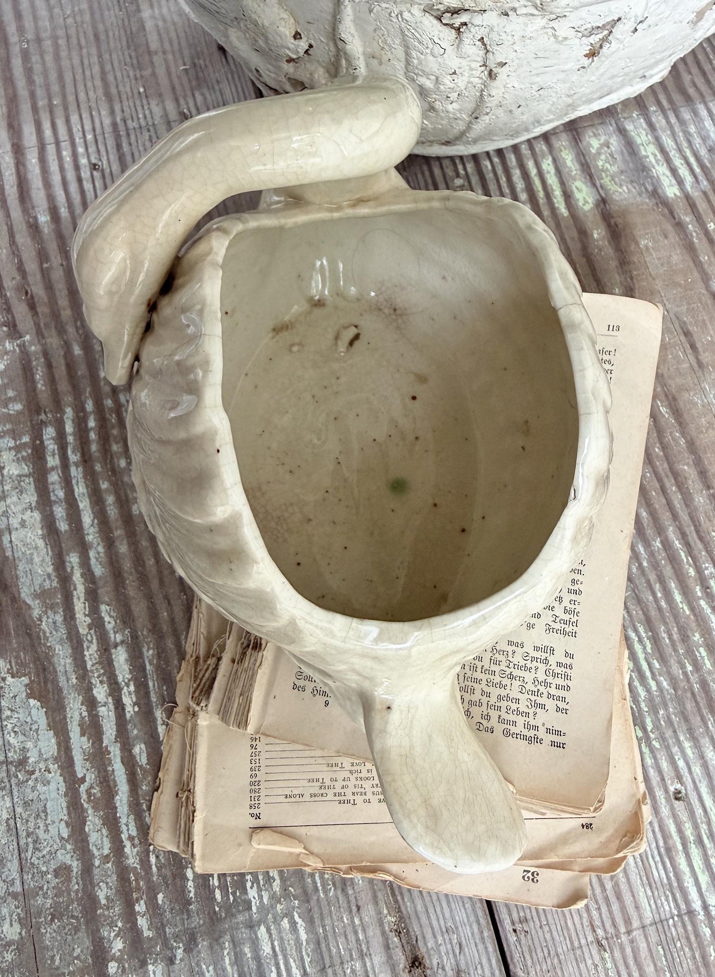 Antique Ironstone SWAN PLANTER Bowl Vase Farmhouse Primitive Decor Crazed Stained Japan