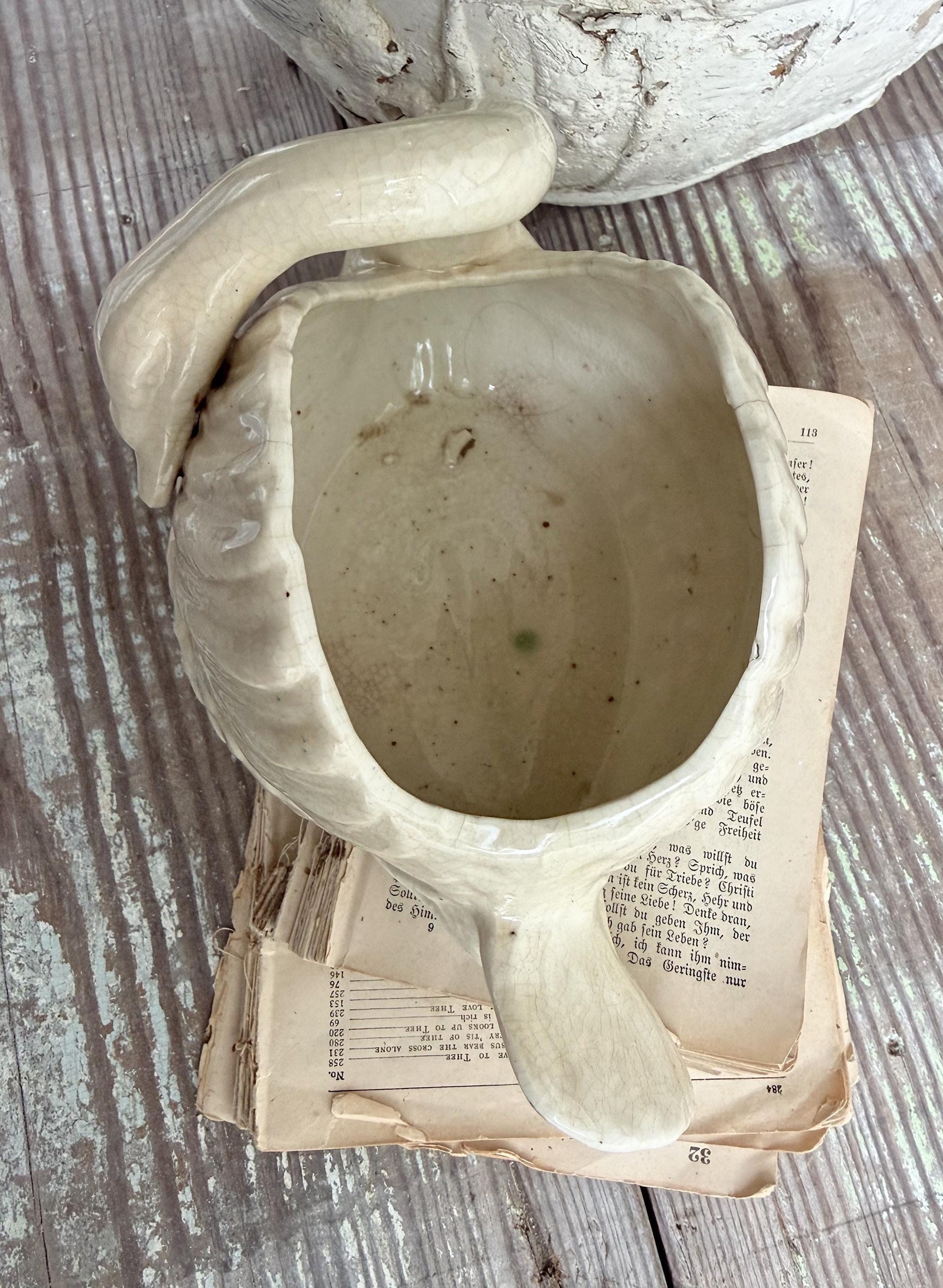 Antique Ironstone SWAN PLANTER Bowl Vase Farmhouse Primitive Decor Crazed Stained Japan