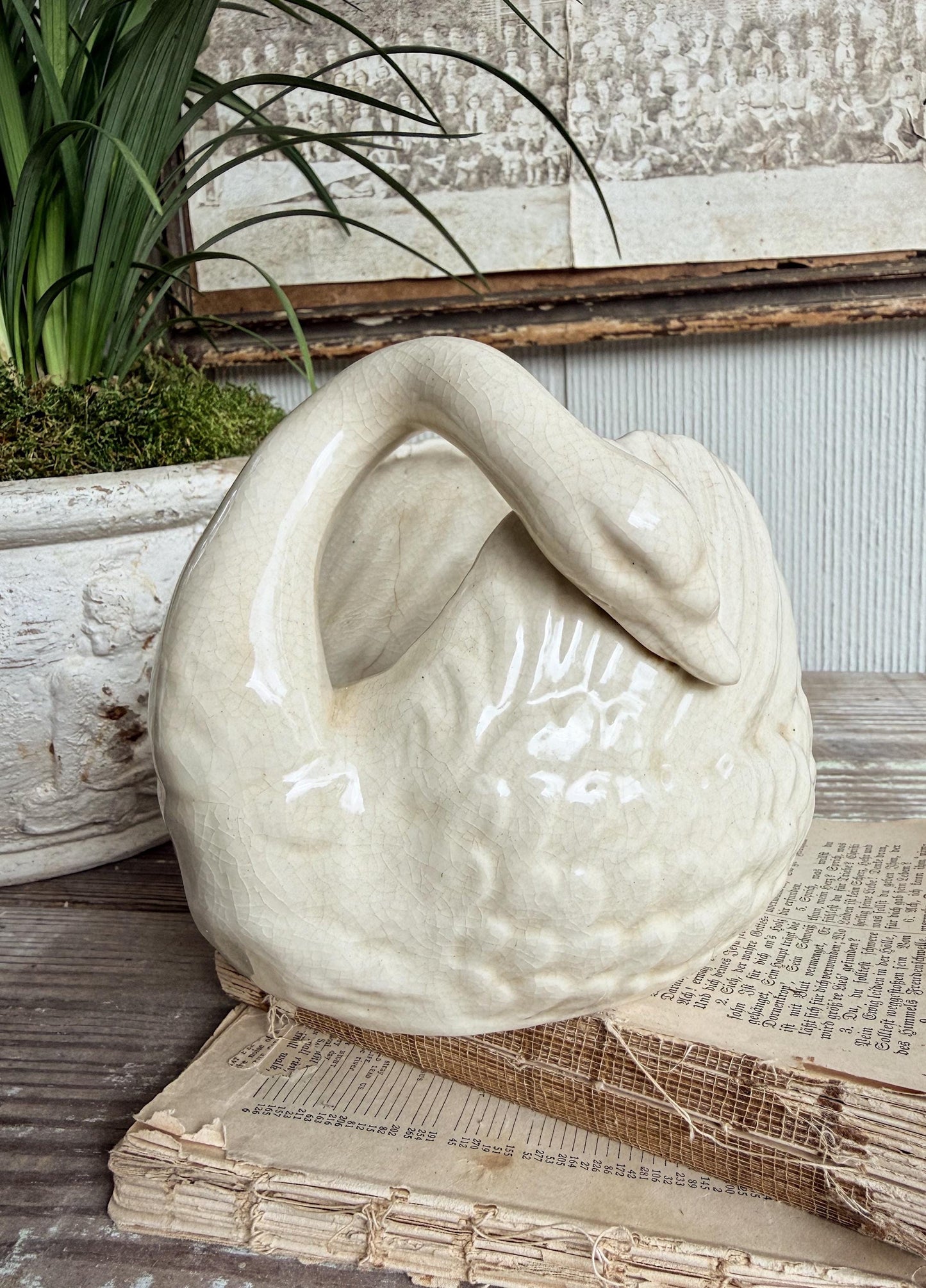 Antique Ironstone SWAN PLANTER Bowl Vase Farmhouse Primitive Decor Crazed Stained Japan