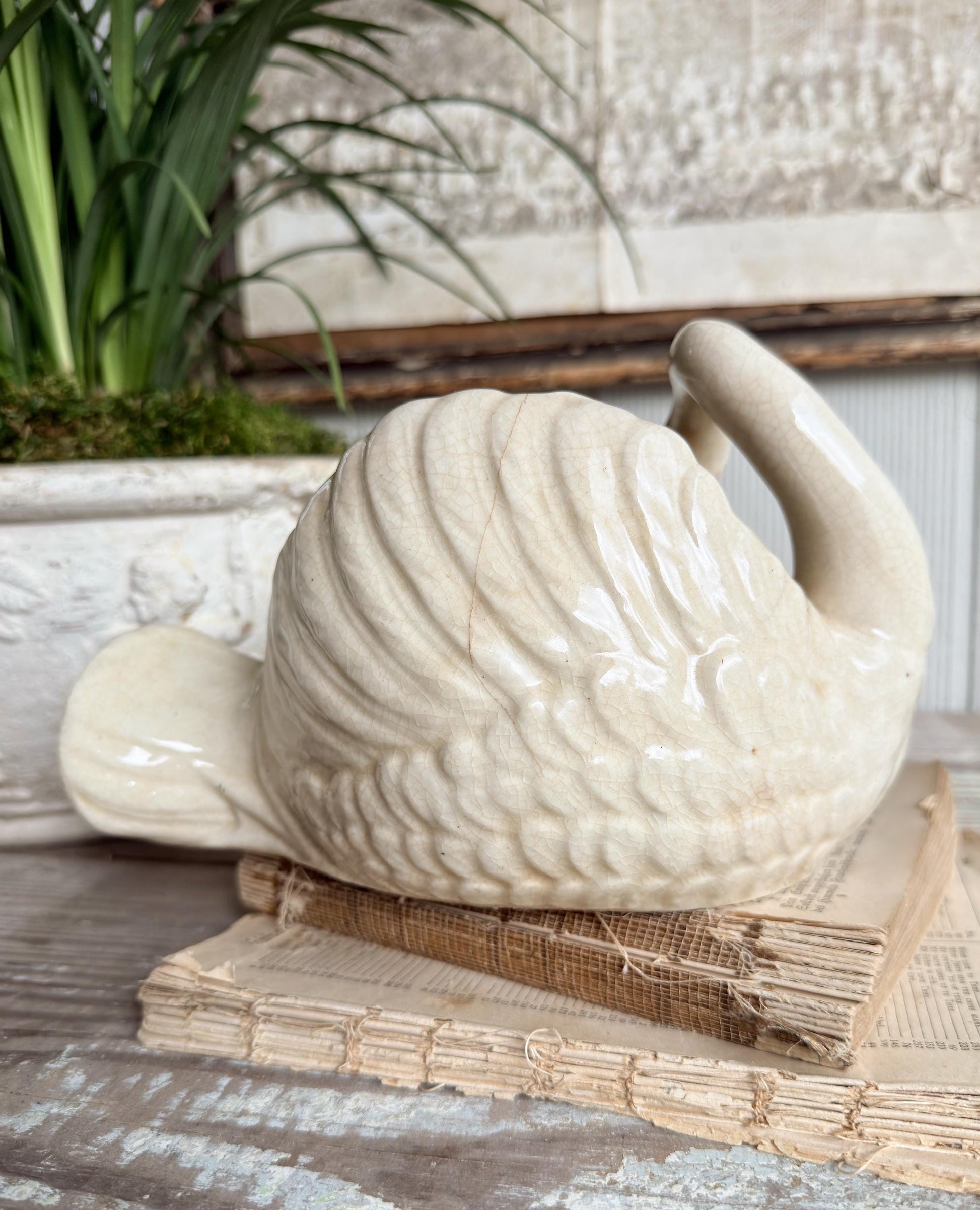 Antique Ironstone SWAN PLANTER Bowl Vase Farmhouse Primitive Decor Crazed Stained Japan