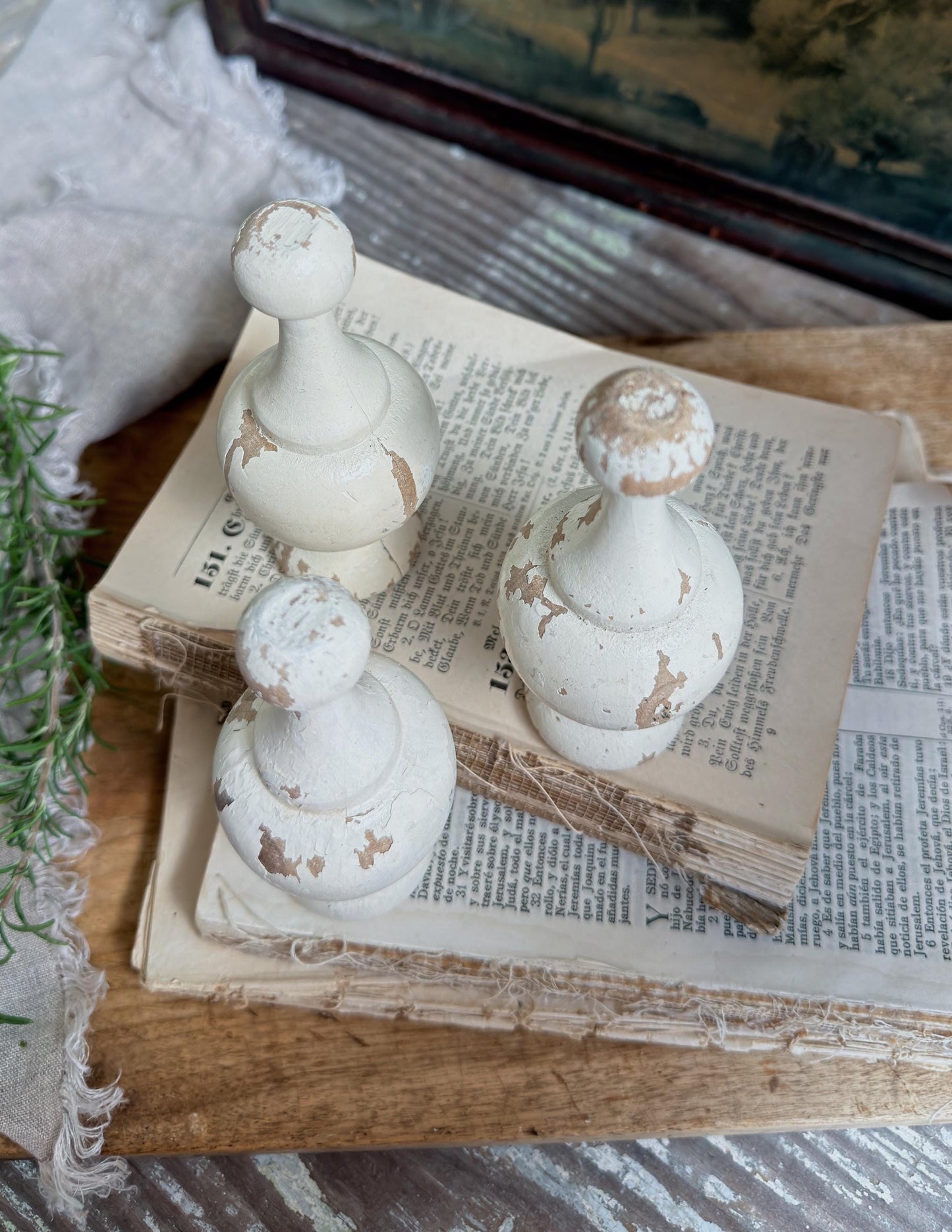 Vintage Chippy White Wood Finial Post Rod Cap