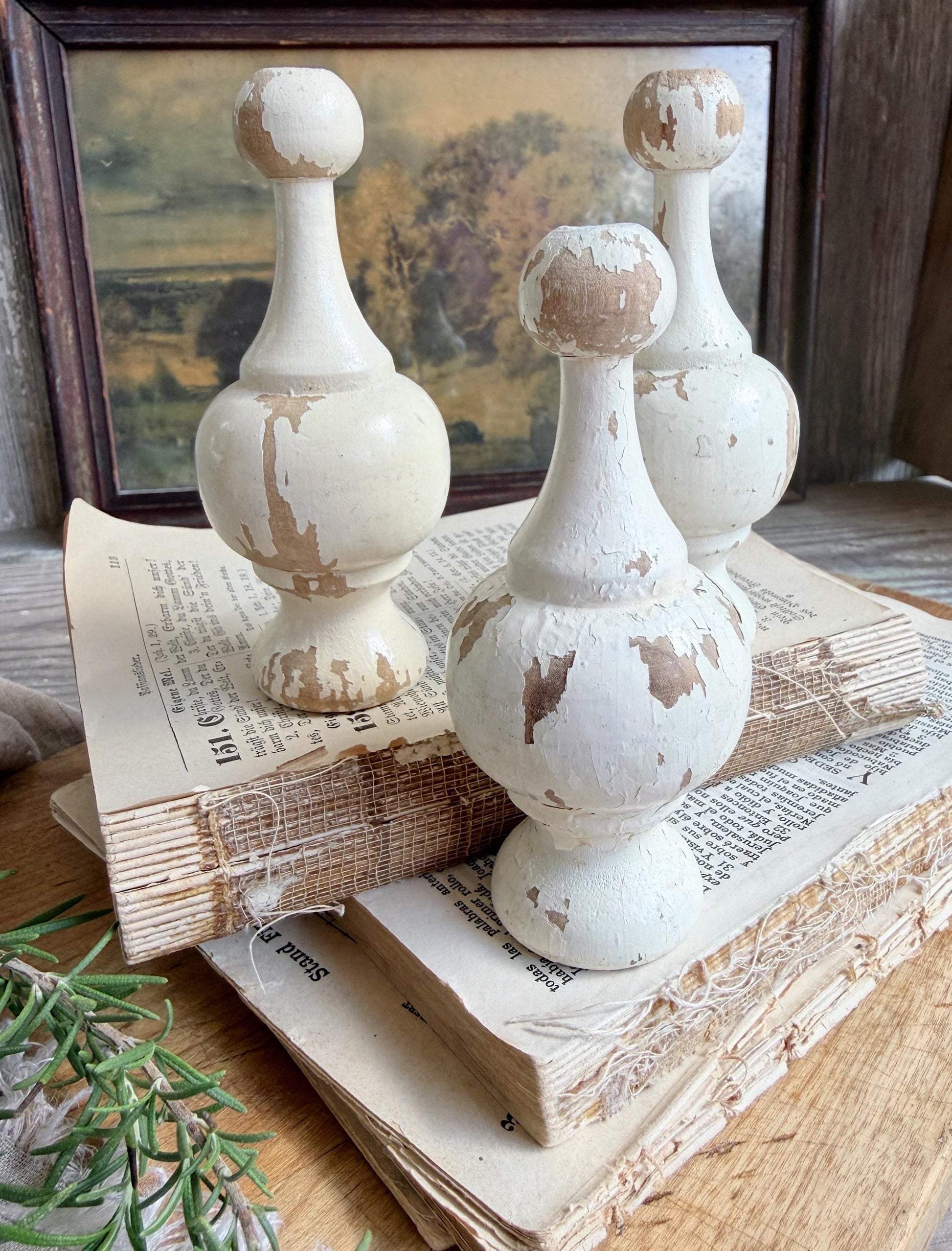 Vintage Chippy White Wood Finial Post Rod Cap