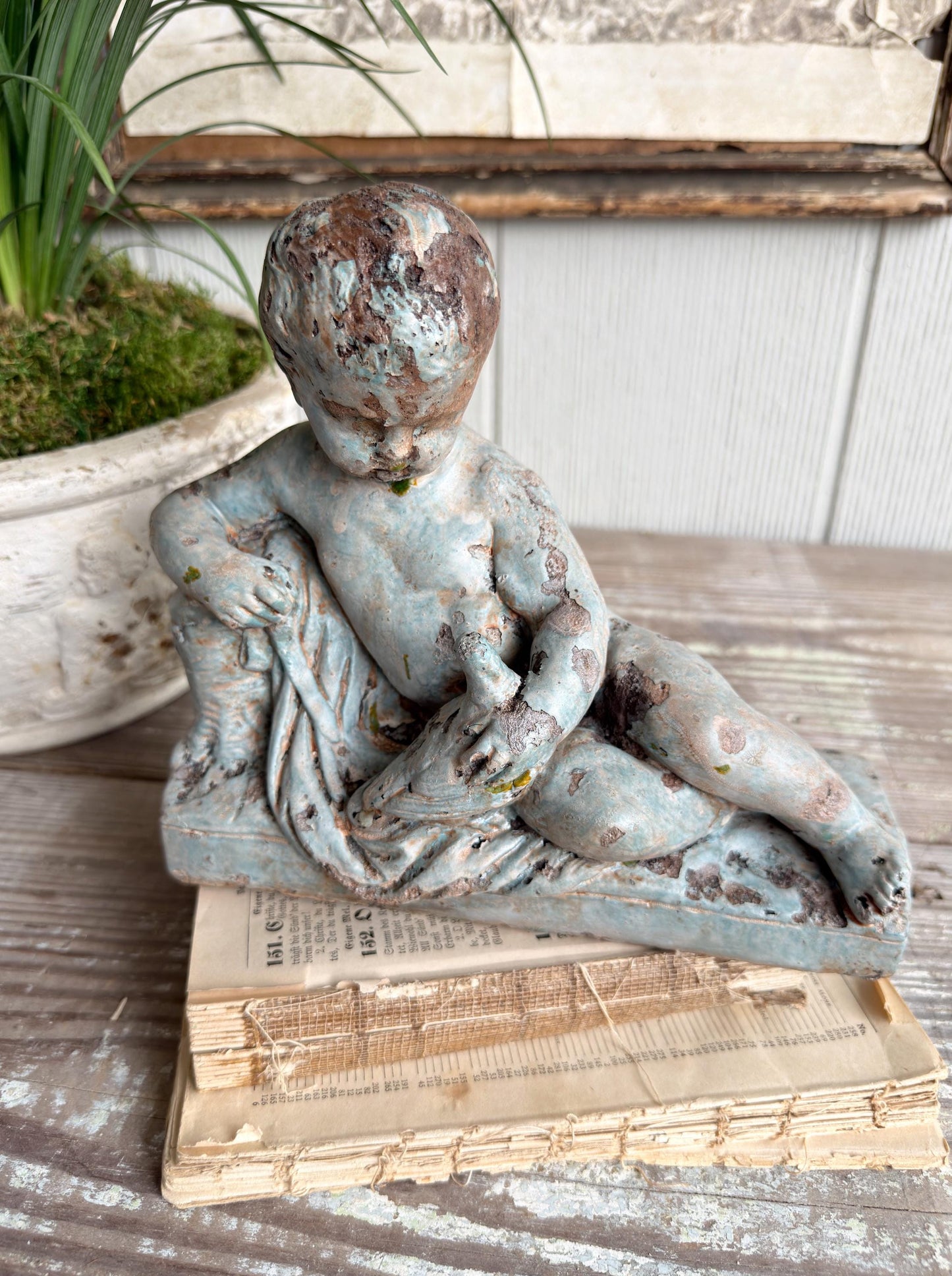 Antique Concrete Garden Statue Boy with Bird Figure, Weathered Cement Sculpture, Aged Patina Outdoor Decor