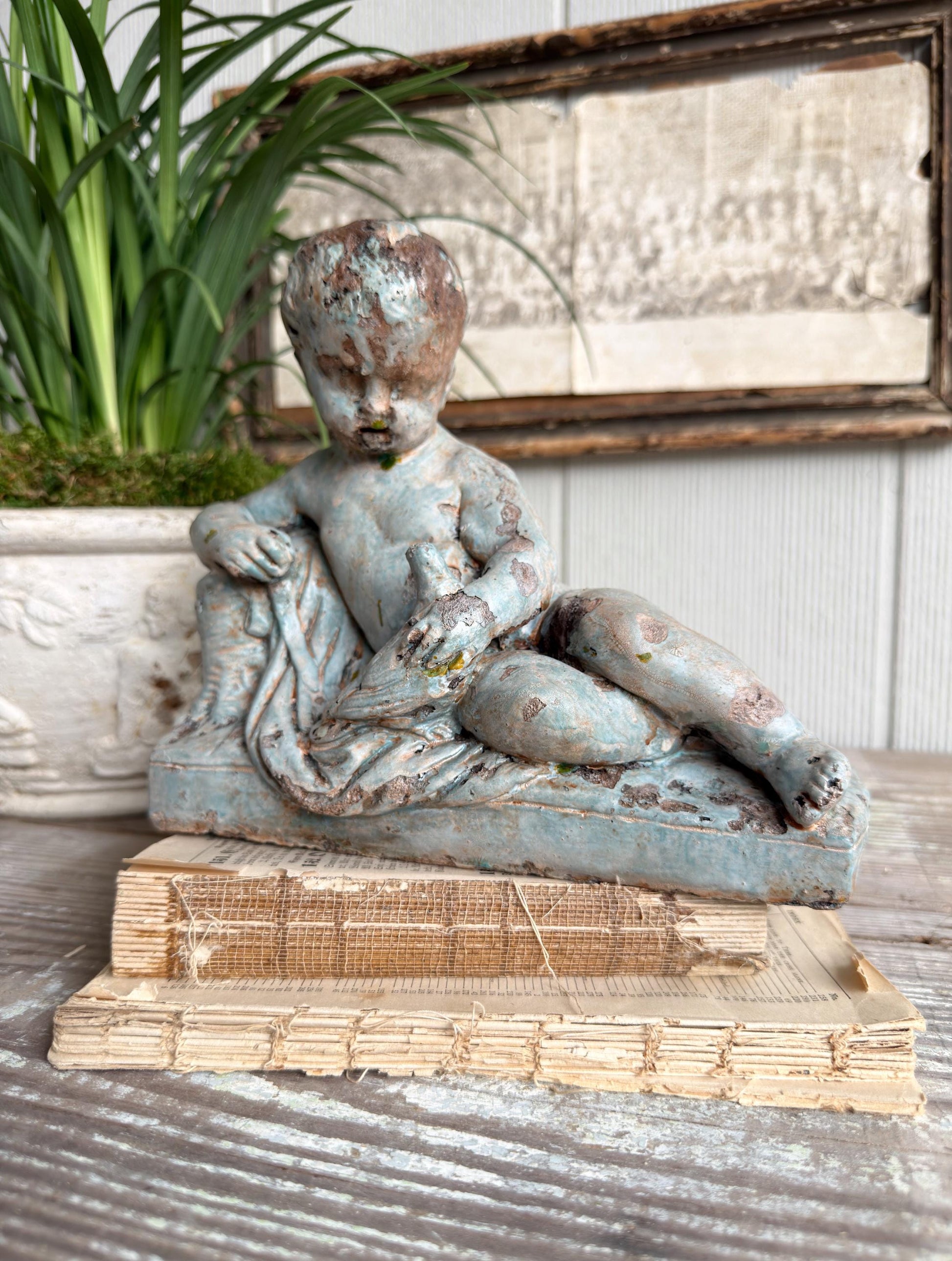 Antique Concrete Garden Statue Boy with Bird Figure, Weathered Cement Sculpture, Aged Patina Outdoor Decor