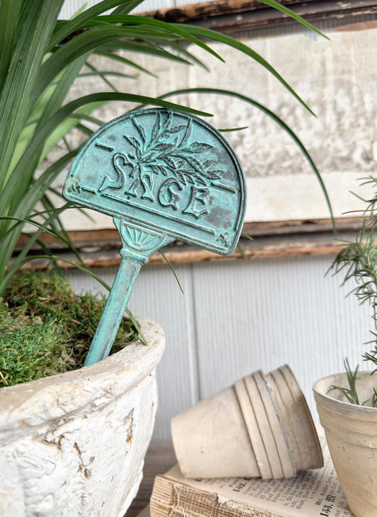 Vintage Brass Herb Marker Stake Sage, Garden Plant Marker, Aged Patina Garden Decor, Rustic Garden Accent