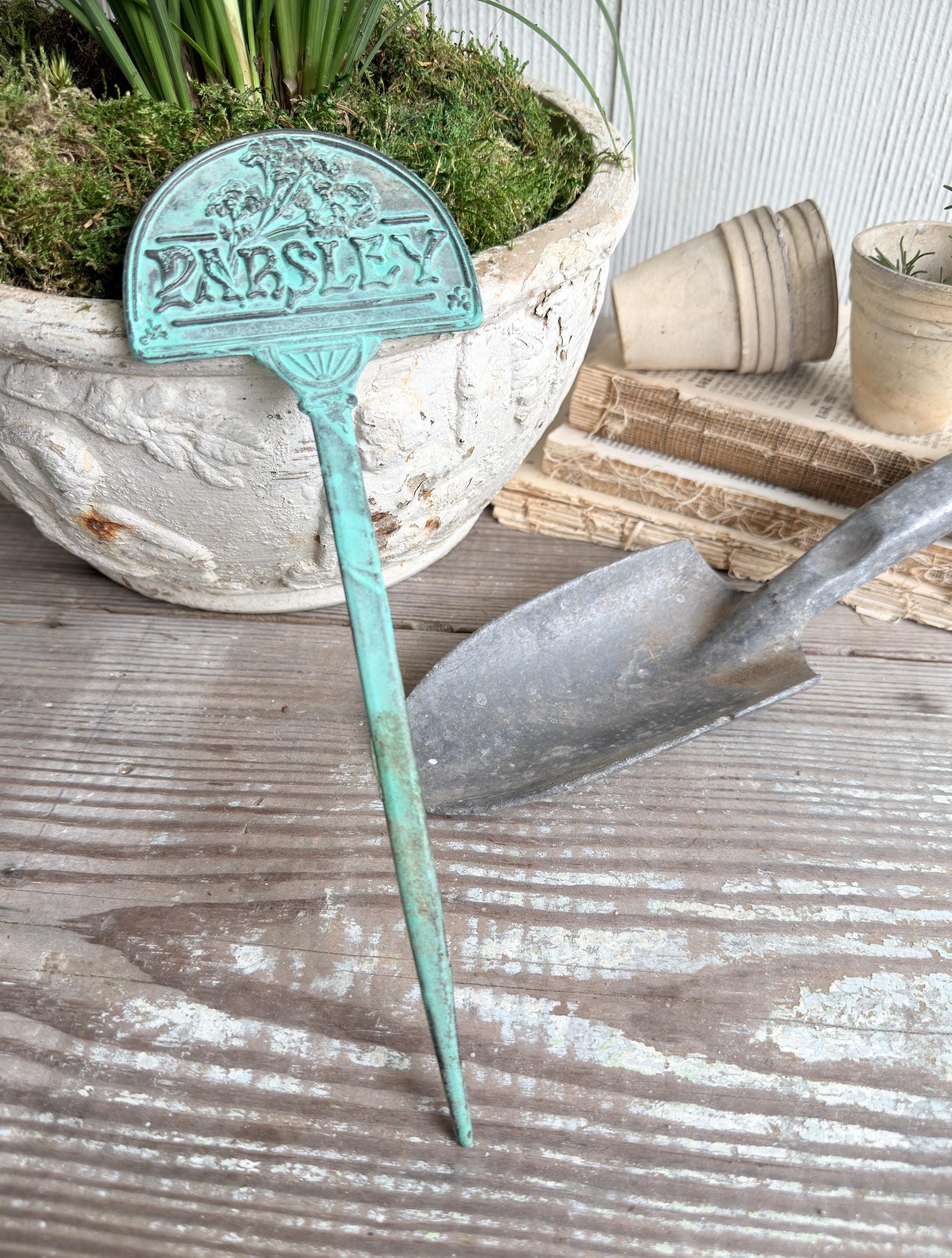 Vintage Brass Herb Marker Stake Parsley, Garden Plant Marker, Aged Patina Garden Decor, Rustic Garden Accent