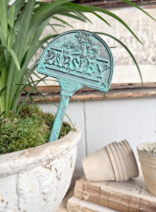 Vintage Brass Herb Marker Stake Parsley, Garden Plant Marker, Aged Patina Garden Decor, Rustic Garden Accent