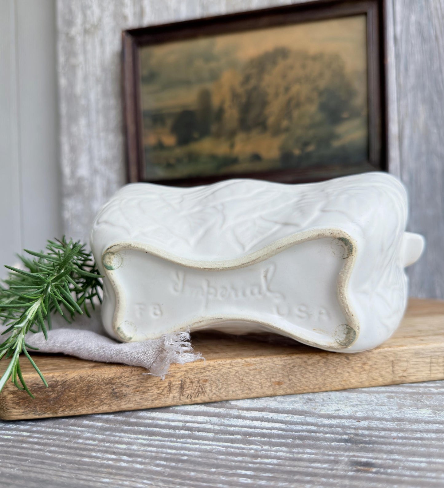 Vintage Stoneware Planter White Imperial USA, Embossed Leaf Pottery, Farmhouse Cottage Garden Decor