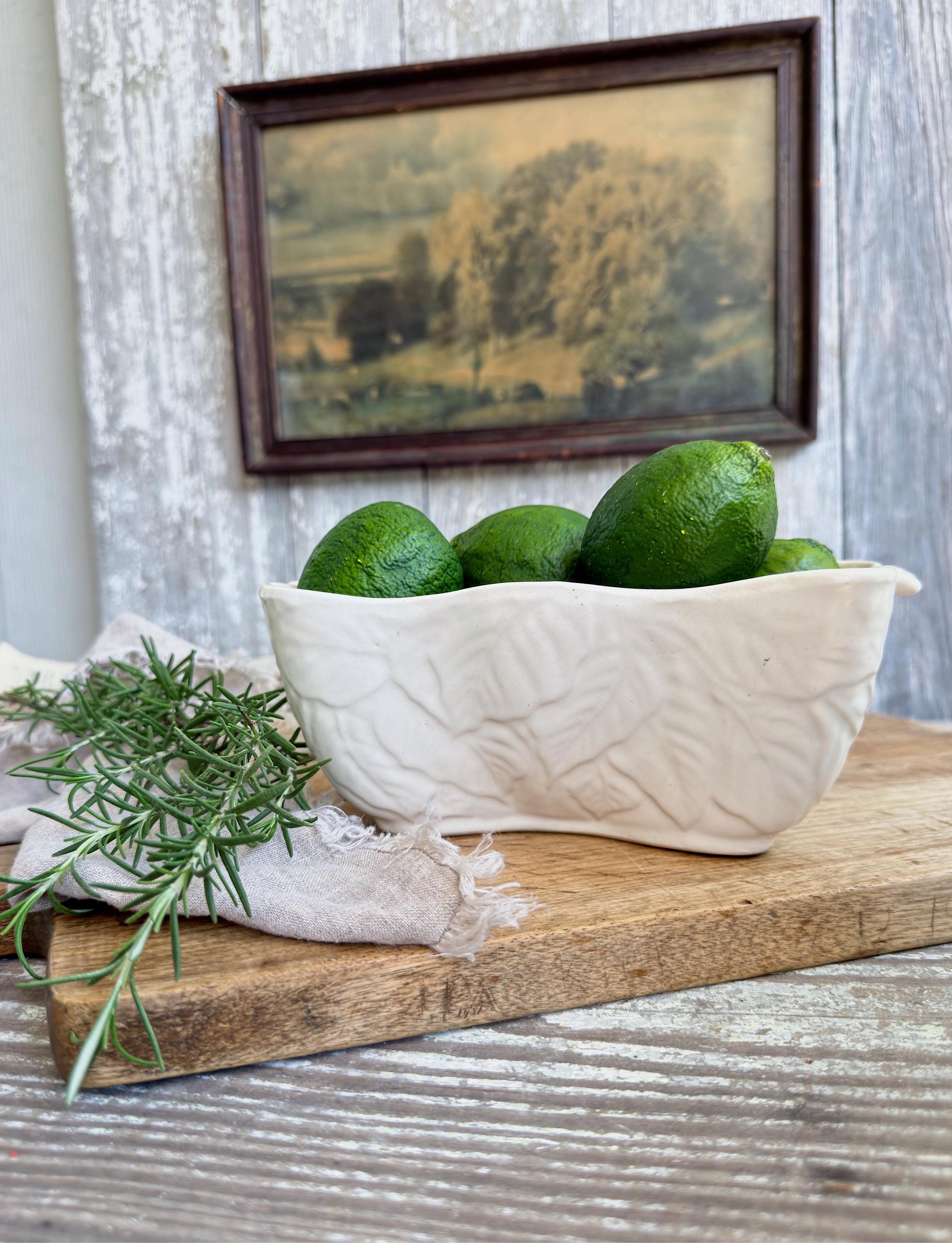Vintage Stoneware Planter White Imperial USA, Embossed Leaf Pottery, Farmhouse Cottage Garden Decor