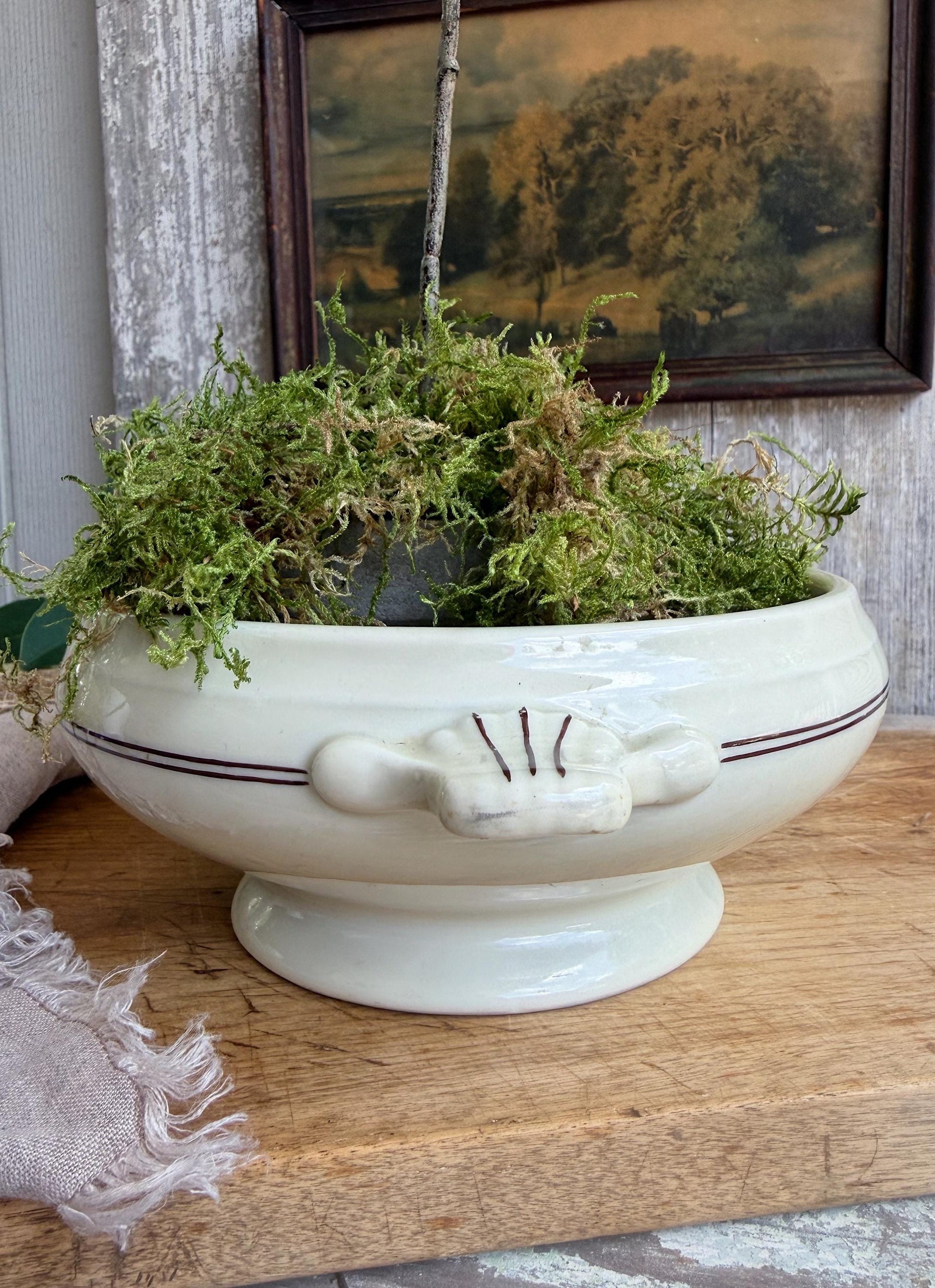 Vintage Ironstone Tureen Bowl, White Compote Serving Dish with Handles, Farmhouse Kitchen Decor