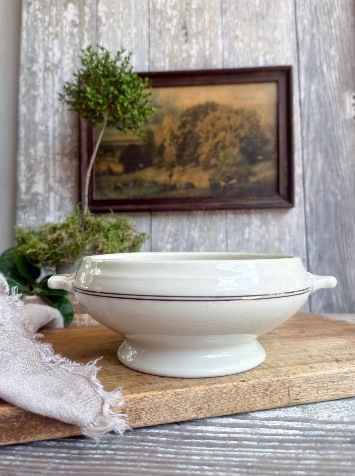 Vintage Ironstone Tureen Bowl, White Compote Serving Dish with Handles, Farmhouse Kitchen Decor