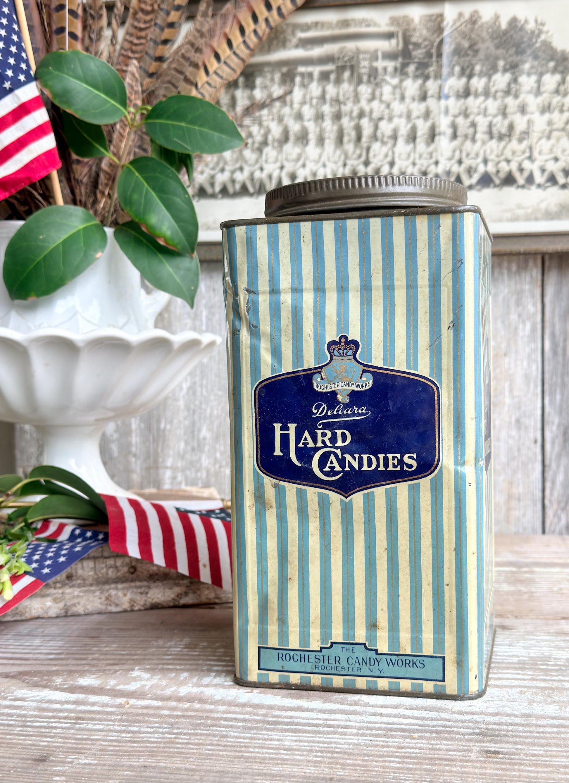 Vintage Delcara Candy Tin, Rochester Candy Works NY, Blue Striped Hard Candies Canister