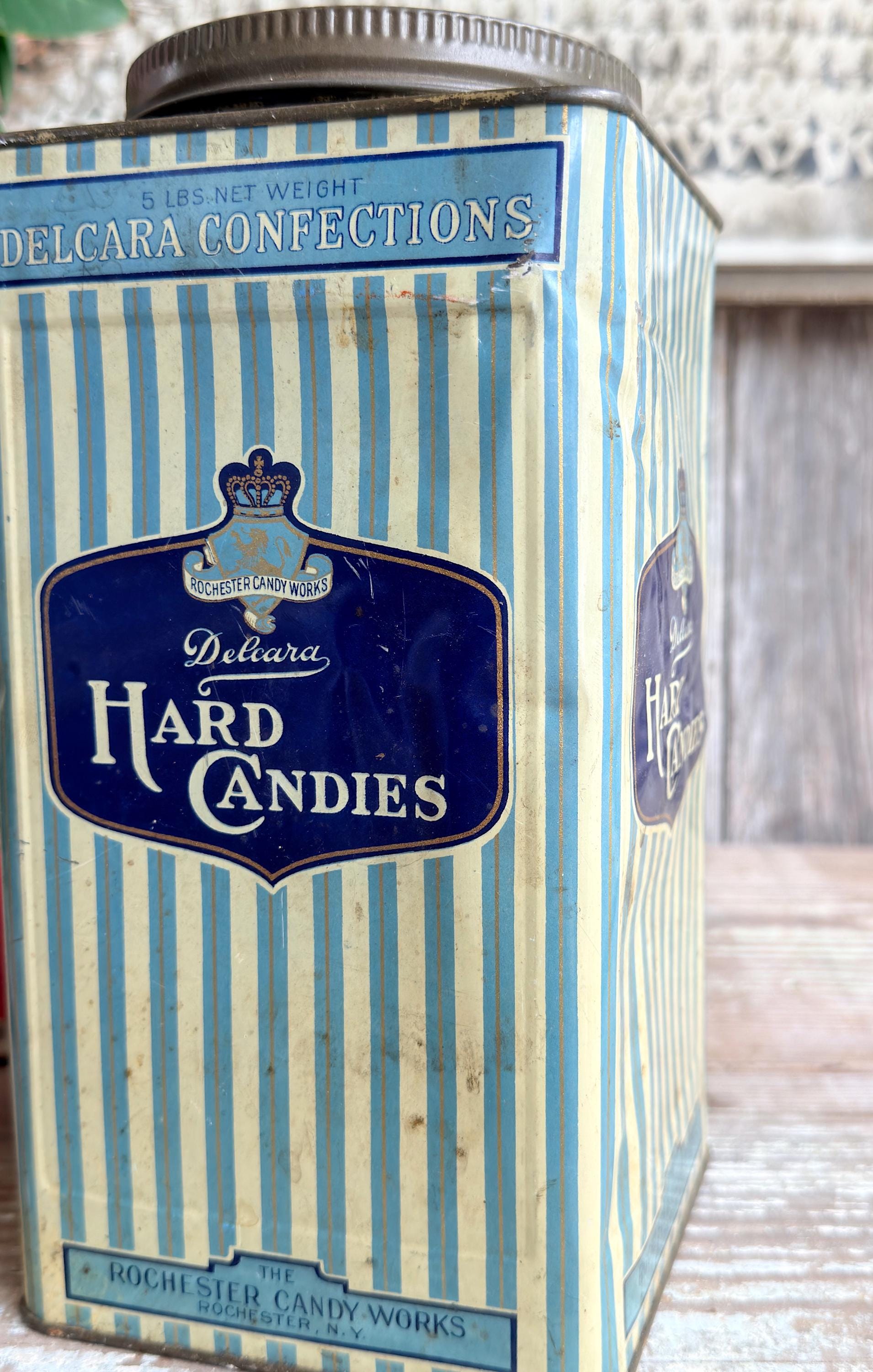 Vintage Delcara Candy Tin, Rochester Candy Works NY, Blue Striped Hard Candies Canister