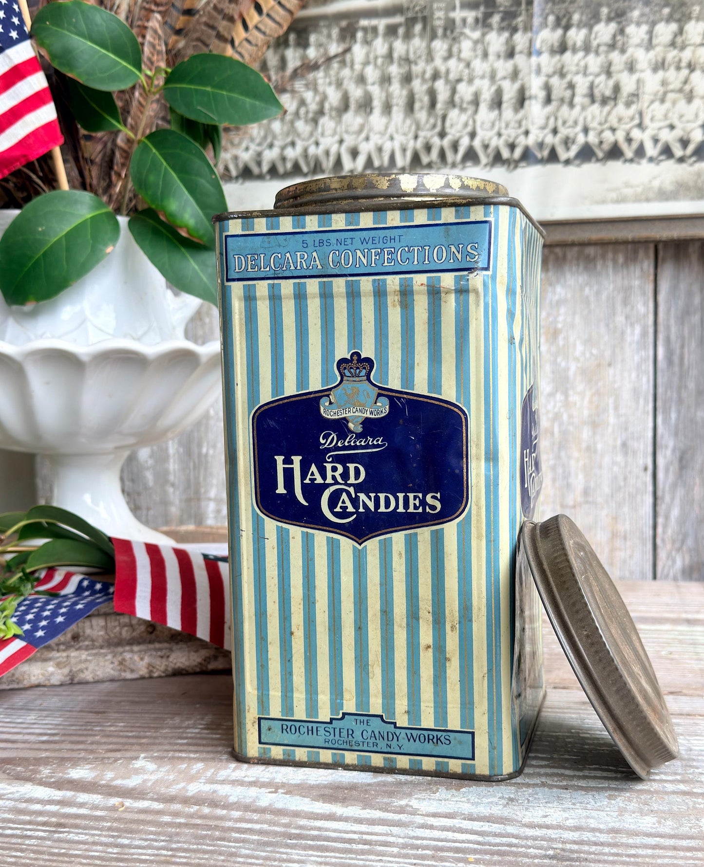 Vintage Delcara Candy Tin, Rochester Candy Works NY, Blue Striped Hard Candies Canister