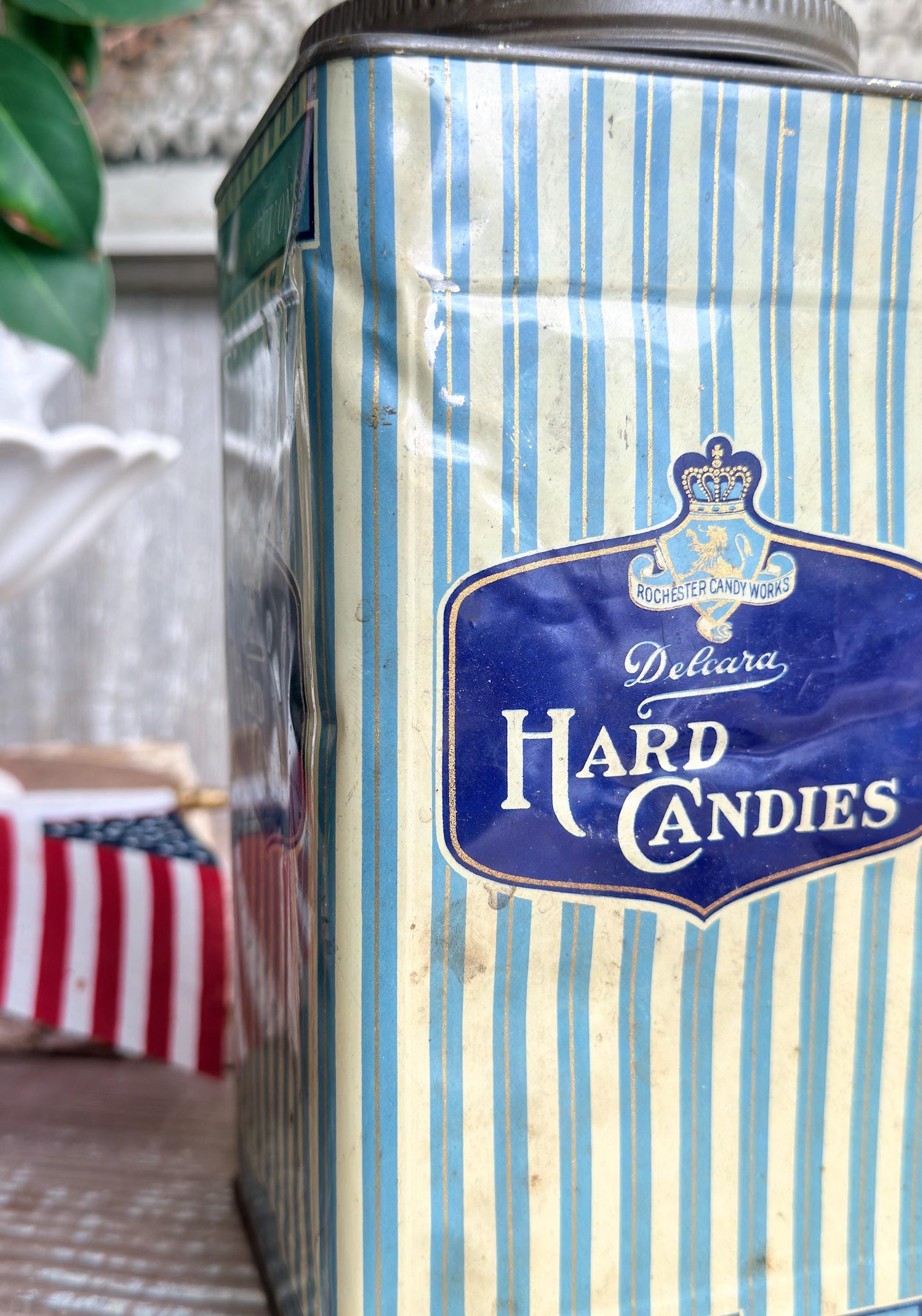 Vintage Delcara Candy Tin, Rochester Candy Works NY, Blue Striped Hard Candies Canister
