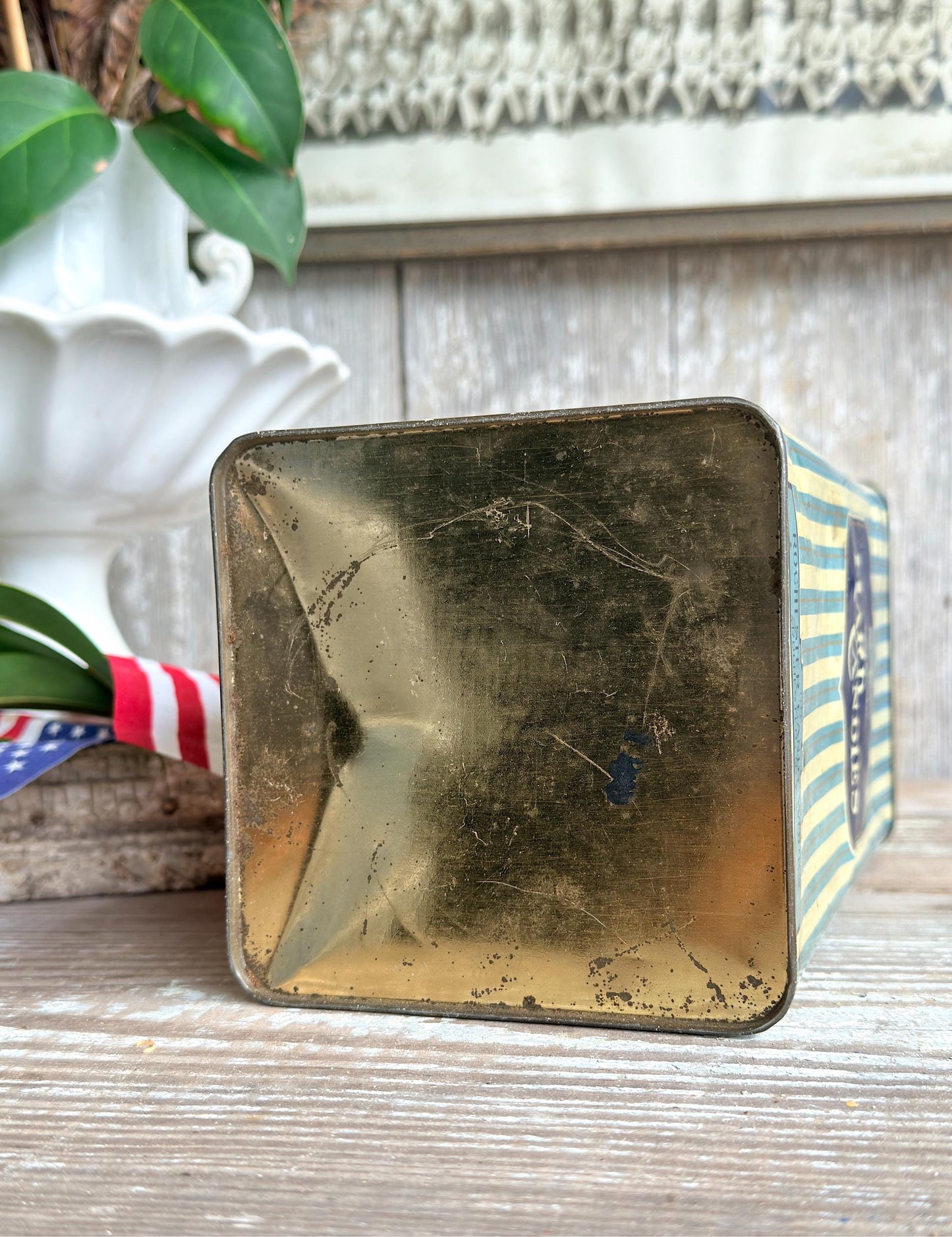 Vintage Delcara Candy Tin, Rochester Candy Works NY, Blue Striped Hard Candies Canister