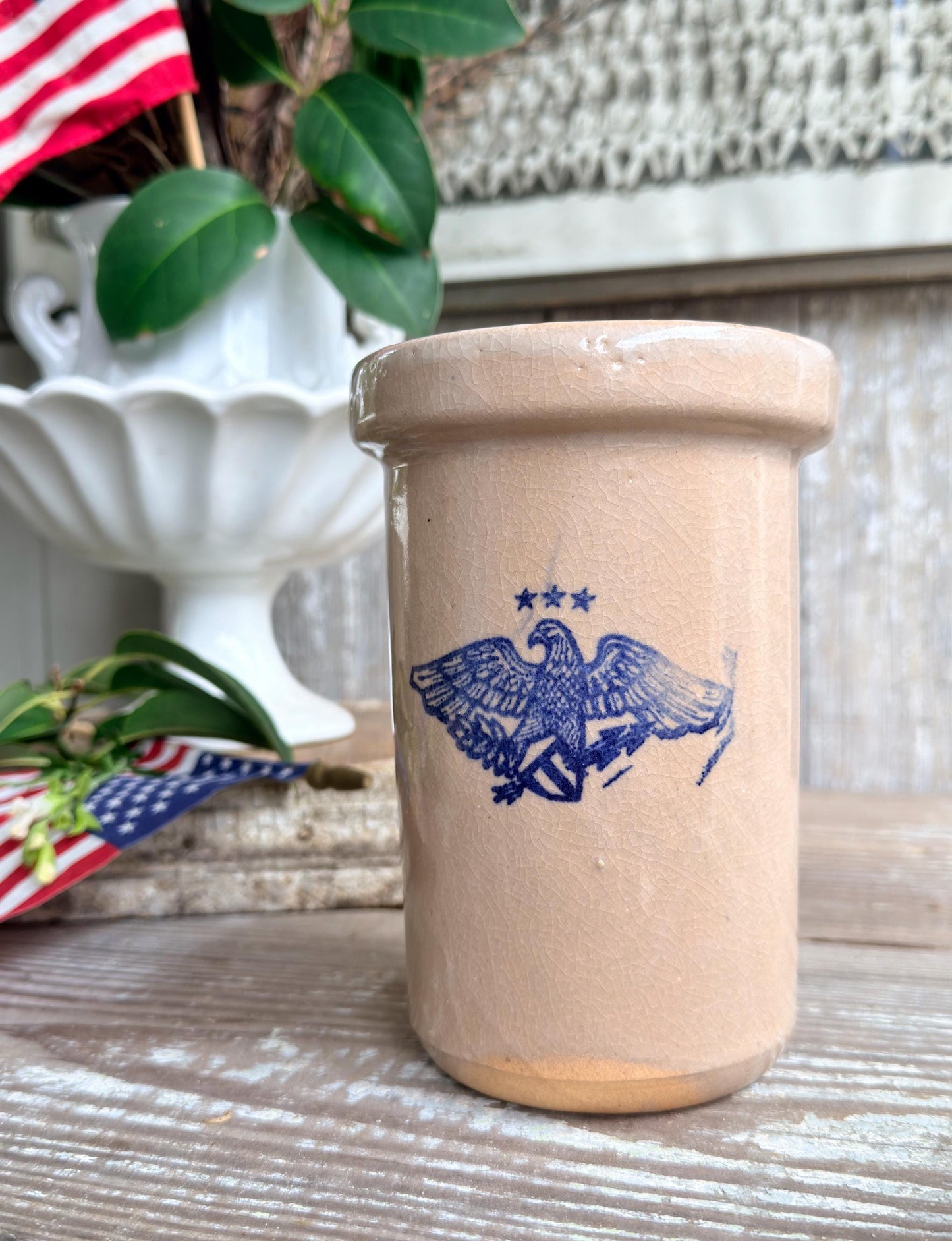 Vintage Stoneware Crock Vase, Blue Eagle Salt Glaze Americana Pottery, Farmhouse Utensil Holder
