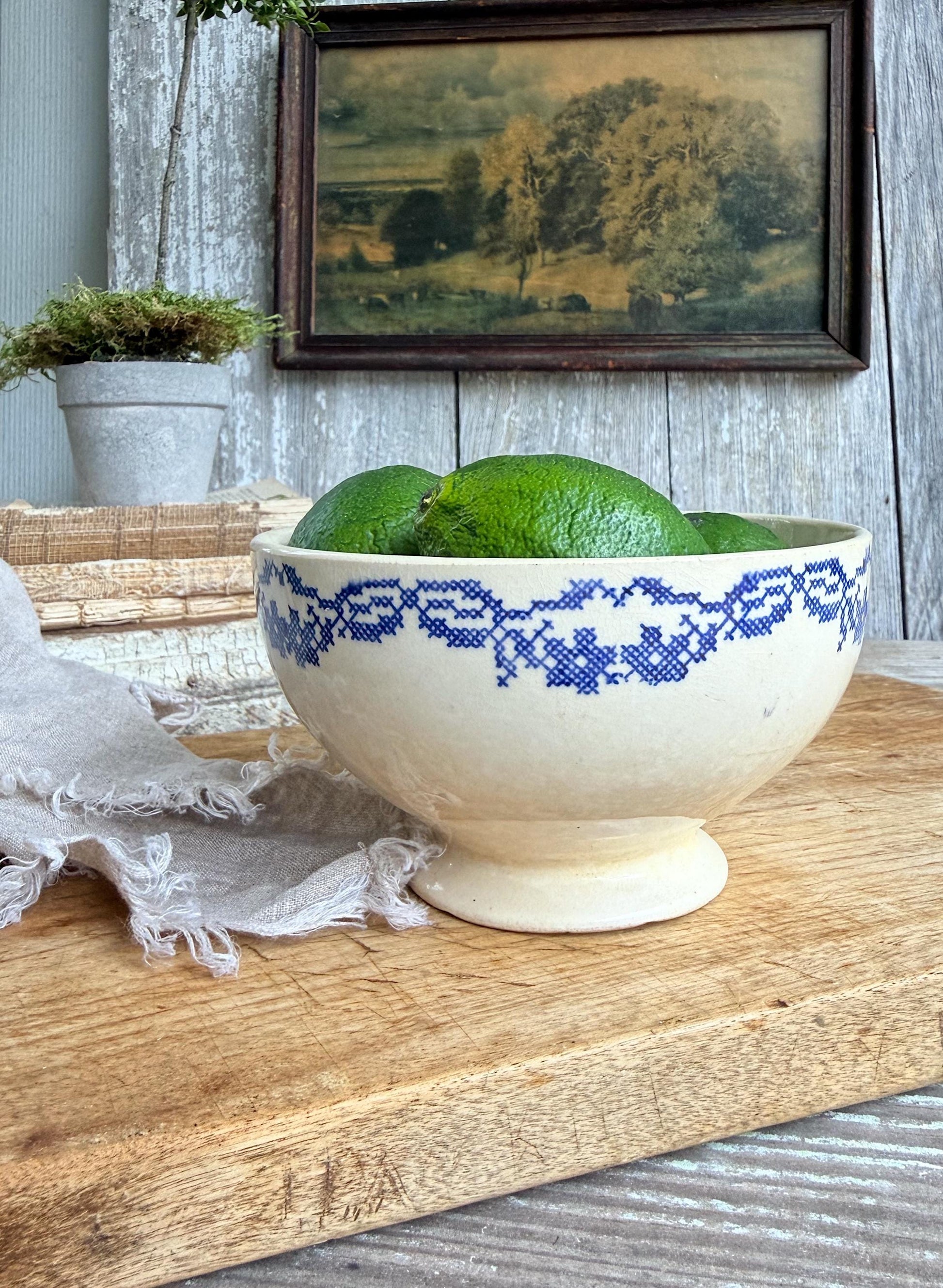 Antique Cafe Au Lait Pedestal Bowl, Blue Transferware Stoneware, Farmhouse Kitchen Camwood Ivory USA