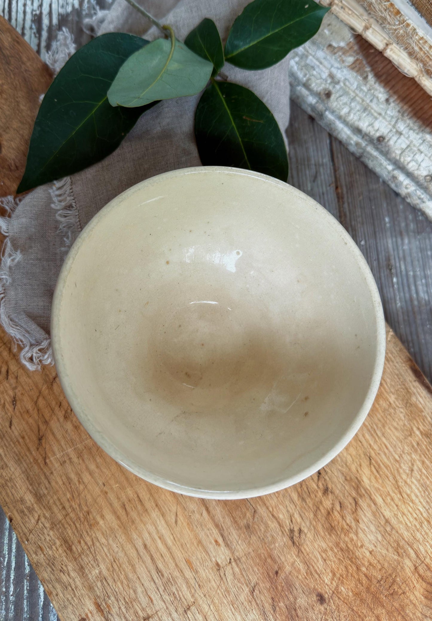 Antique Cafe Au Lait Pedestal Bowl, Blue Transferware Stoneware, Farmhouse Kitchen Camwood Ivory USA