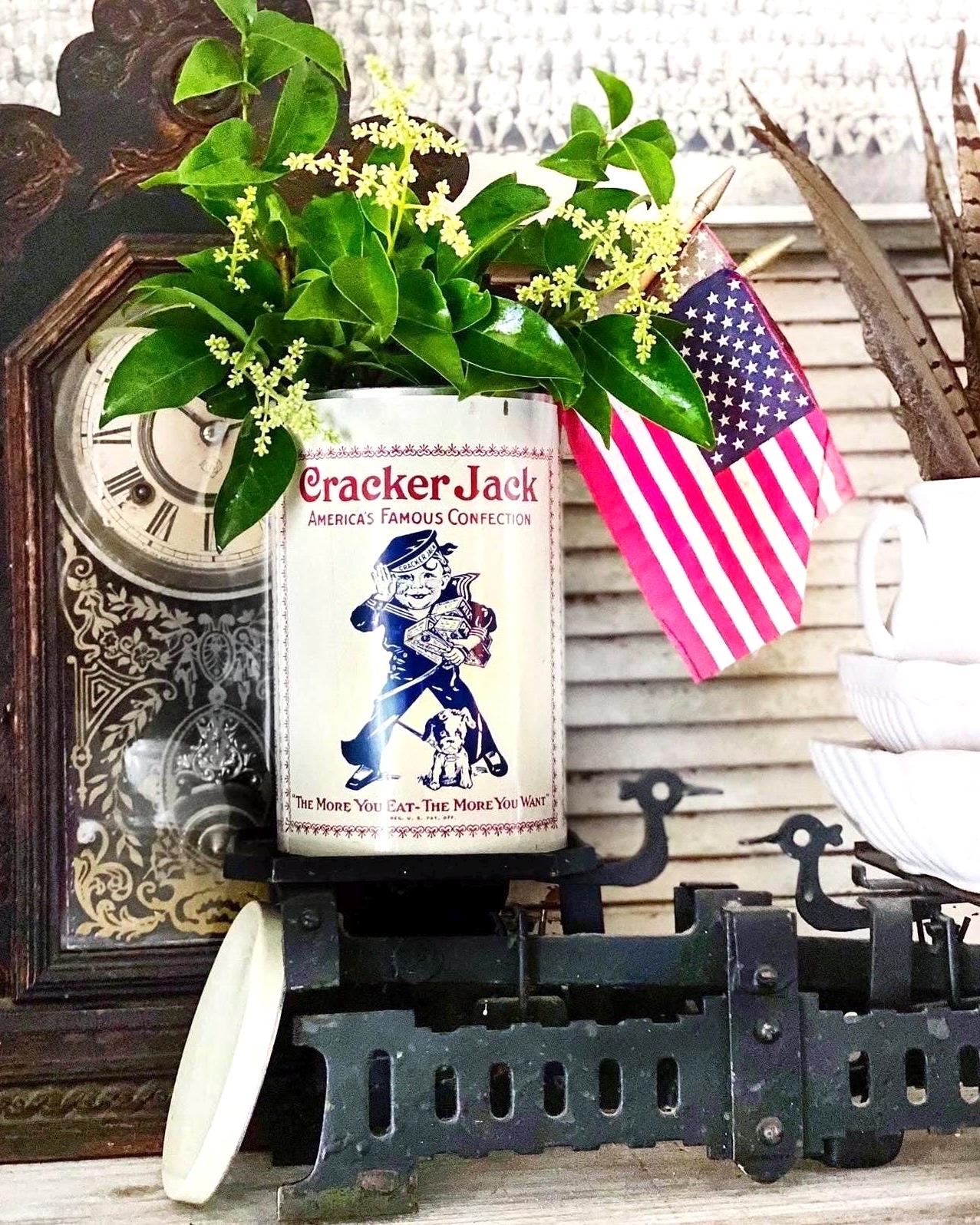 Vintage CRACKER JACK Tin Can Red White Blue Farmhouse Decor Industrial Salvage AMERICANA Decor 6 oz