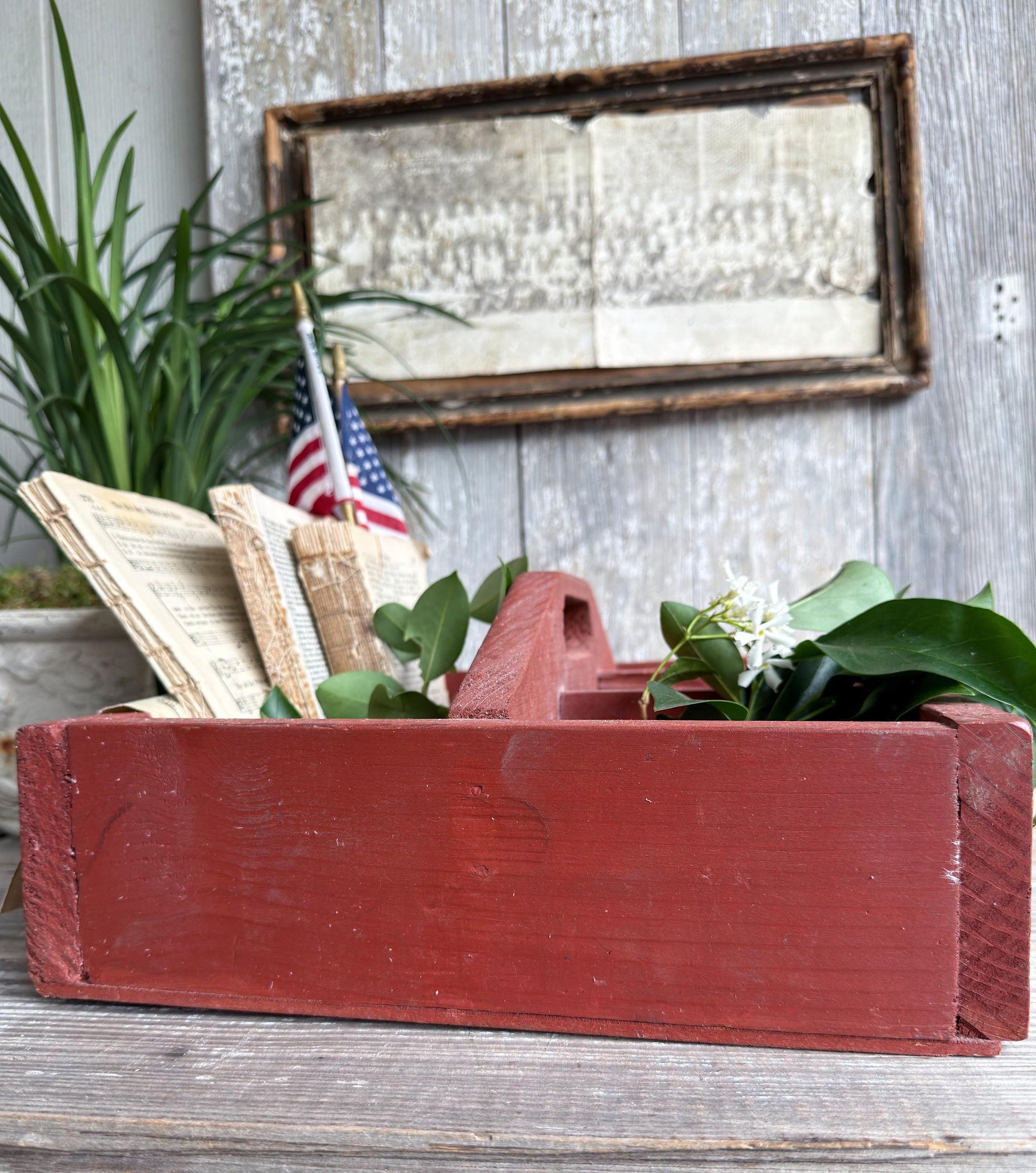 Primitive Wood Caddy Tool Tote, Vintage Rustic Red Farmhouse Storage Box, Carpenter Organizer Americana