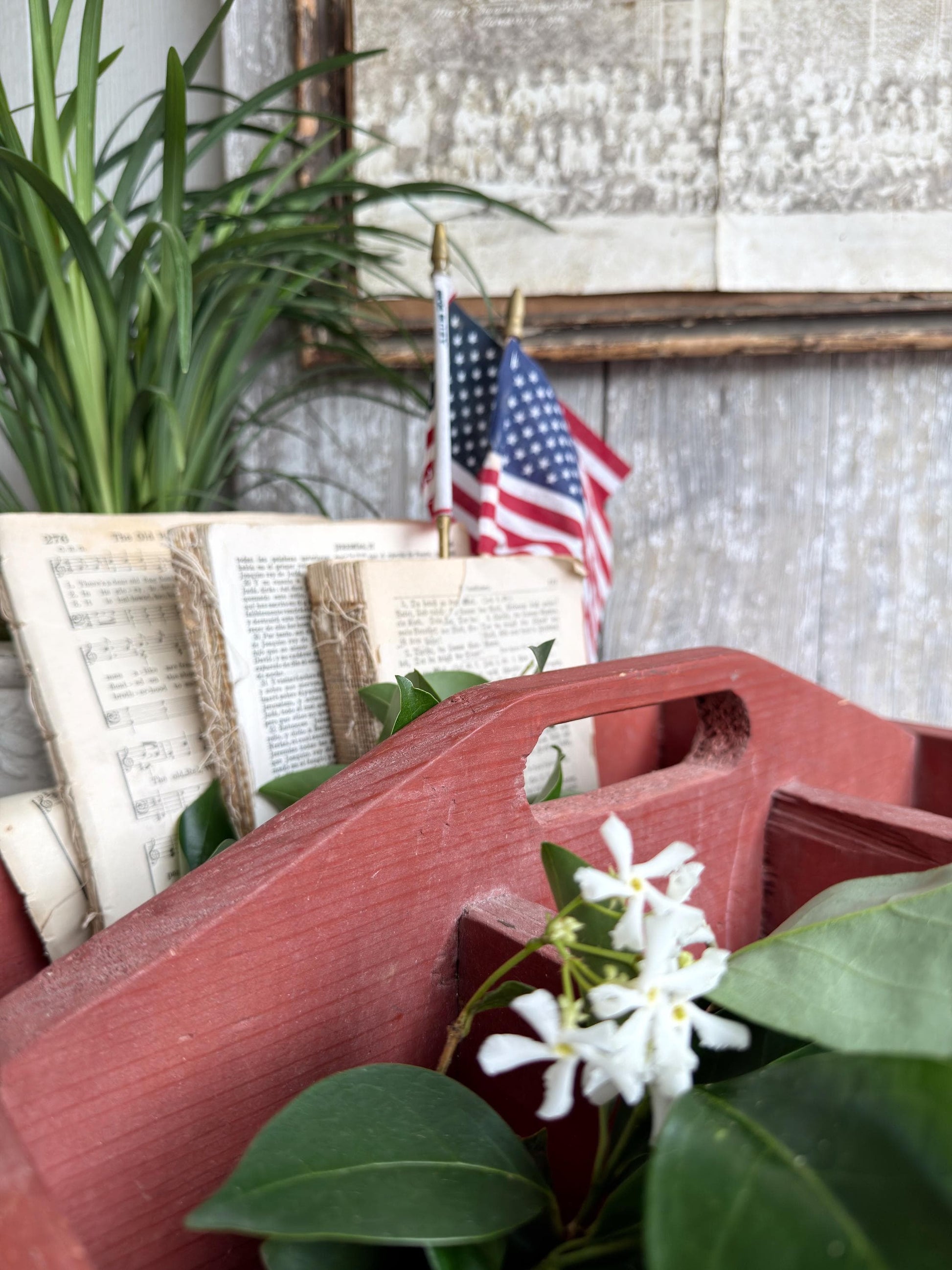 Primitive Wood Caddy Tool Tote, Vintage Rustic Red Farmhouse Storage Box, Carpenter Organizer Americana
