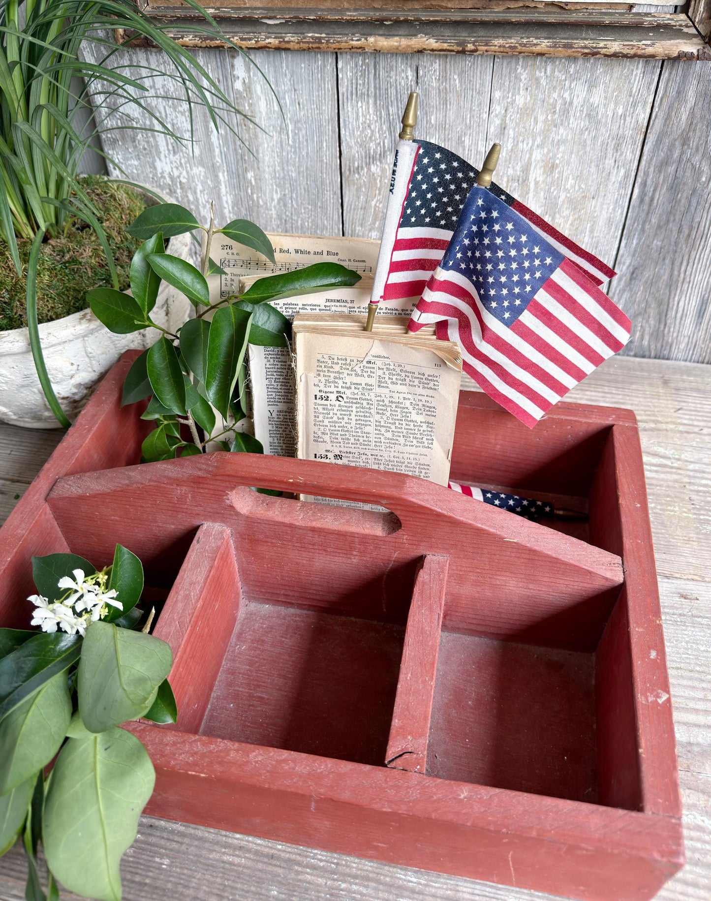 Primitive Wood Caddy Tool Tote, Vintage Rustic Red Farmhouse Storage Box, Carpenter Organizer Americana
