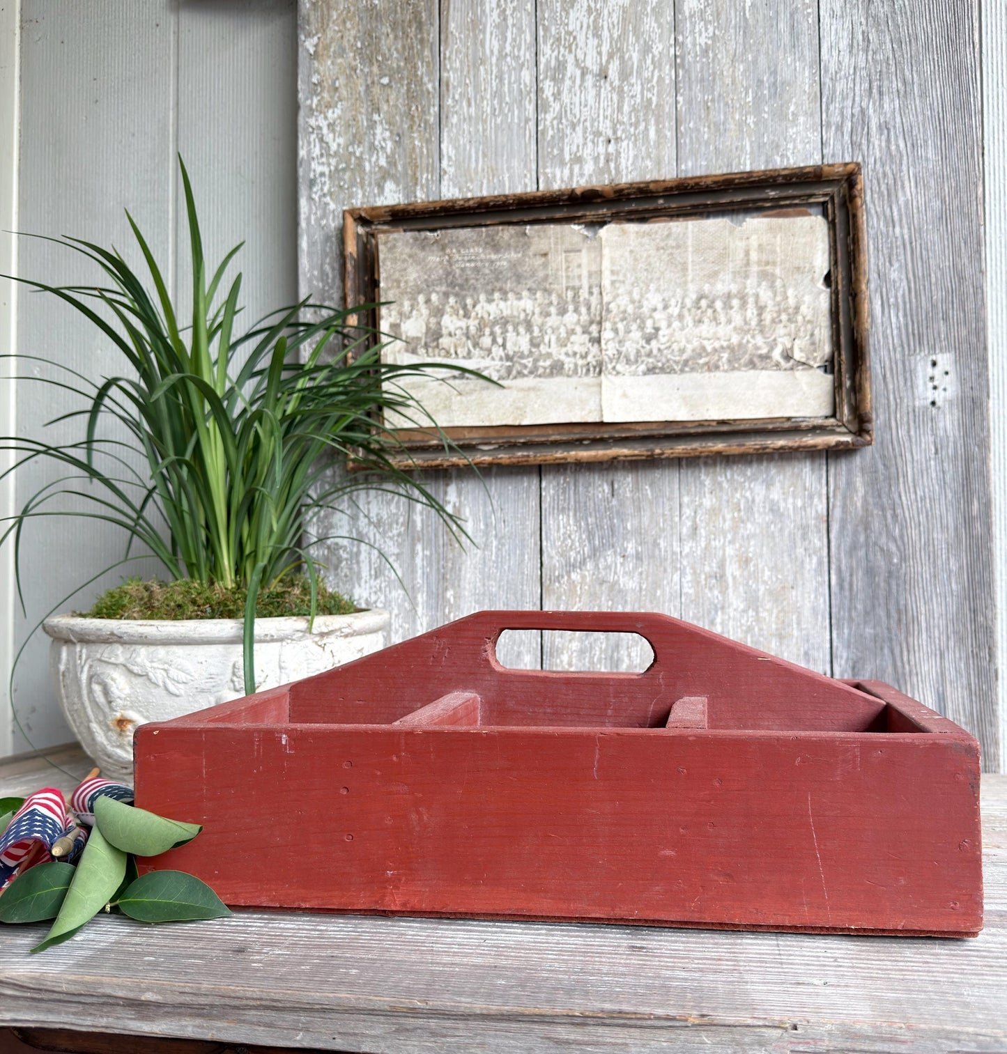 Primitive Wood Caddy Tool Tote, Vintage Rustic Red Farmhouse Storage Box, Carpenter Organizer Americana