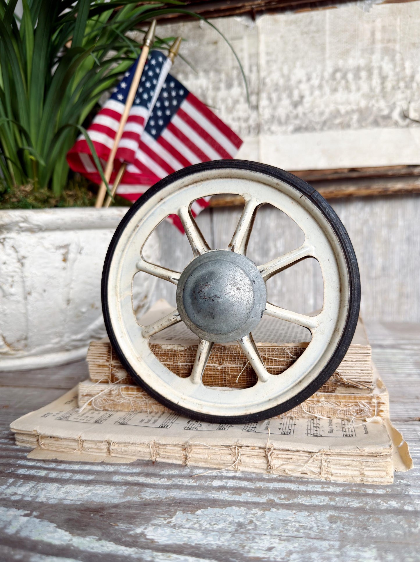 Antique WHITE Buggy Cart Wheel Industrial Salvage Metal Farmhouse Decor Primitive