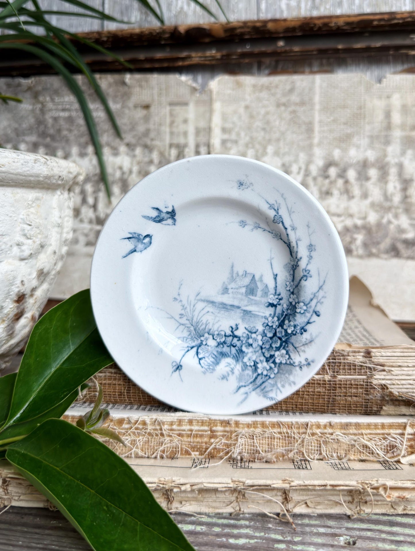 Antique French Faience Gien Plate, Blue Transferware Bird, Medailles D’Or France