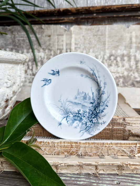 Antique French Faience Gien Plate, Blue Transferware Bird, Medailles D’Or France