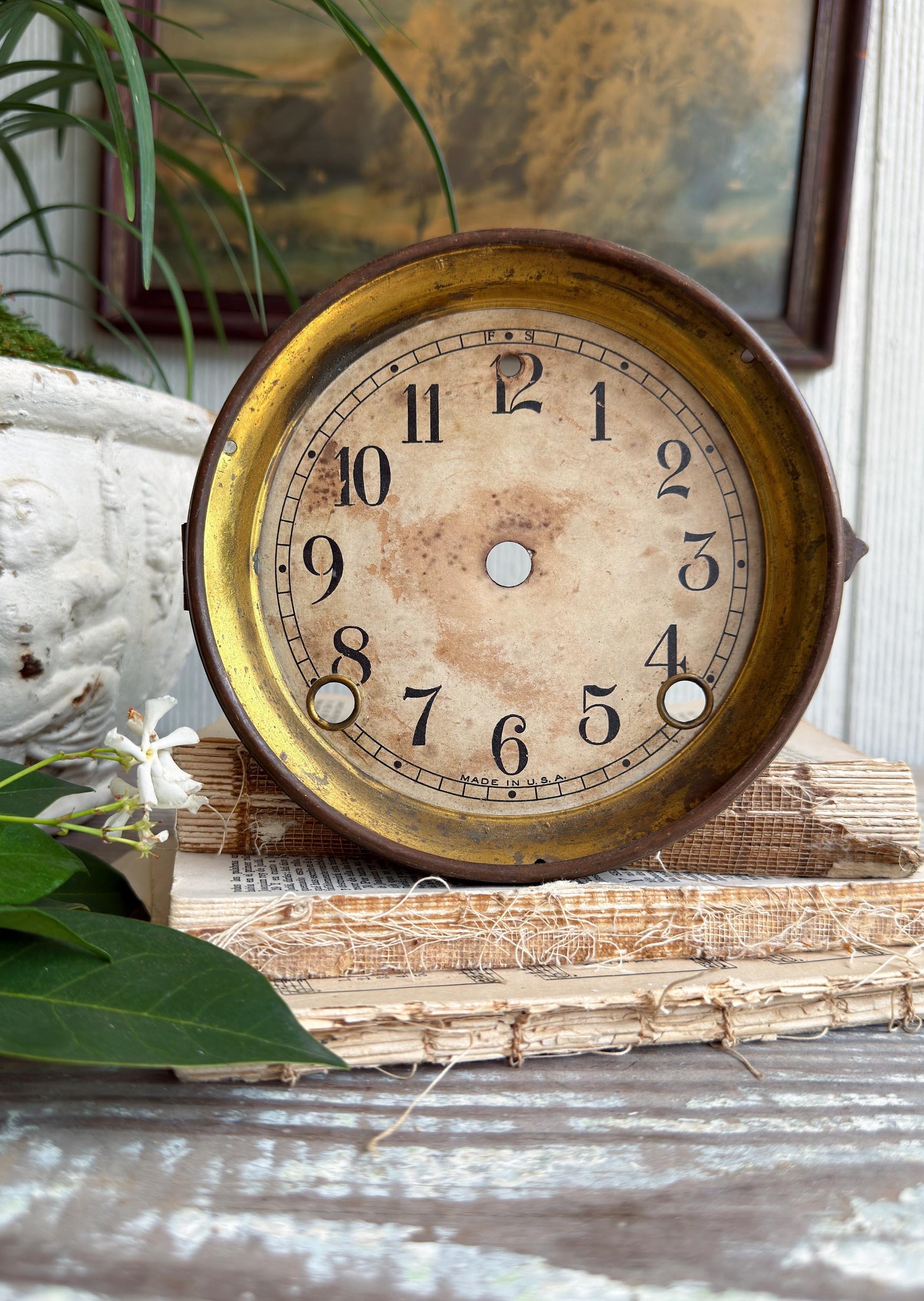 Antique Clock Dial Face Brass Industrial Salvage Parts Farmhouse Decor
